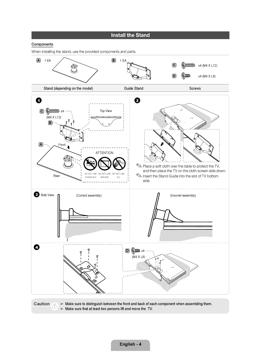 Samsung 5500 user manual Install the Stand, Stand depending on the model Guide Stand 