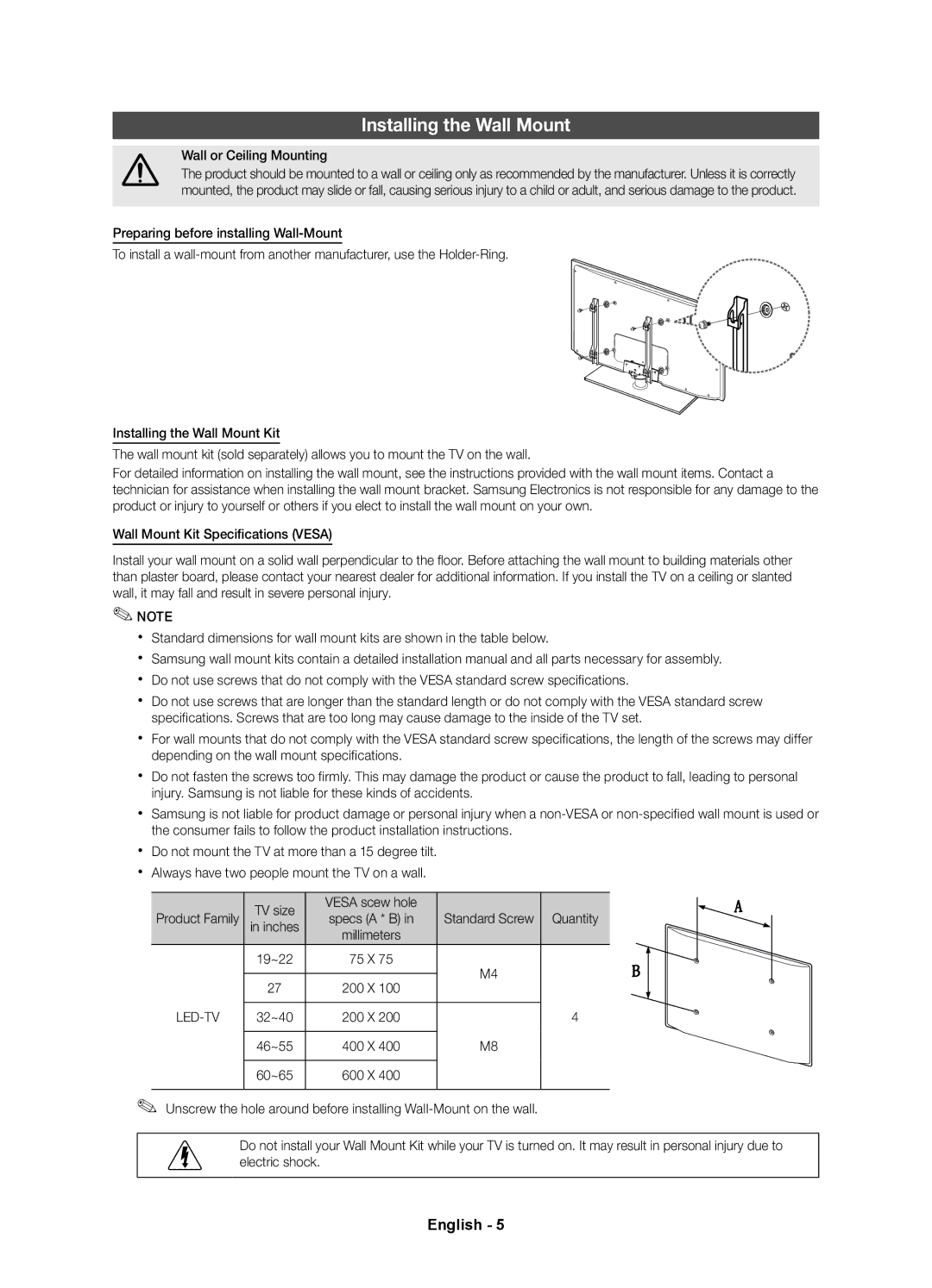 Samsung 5500 user manual Installing the Wall Mount, Wall or Ceiling Mounting, TV size Vesa scew hole 