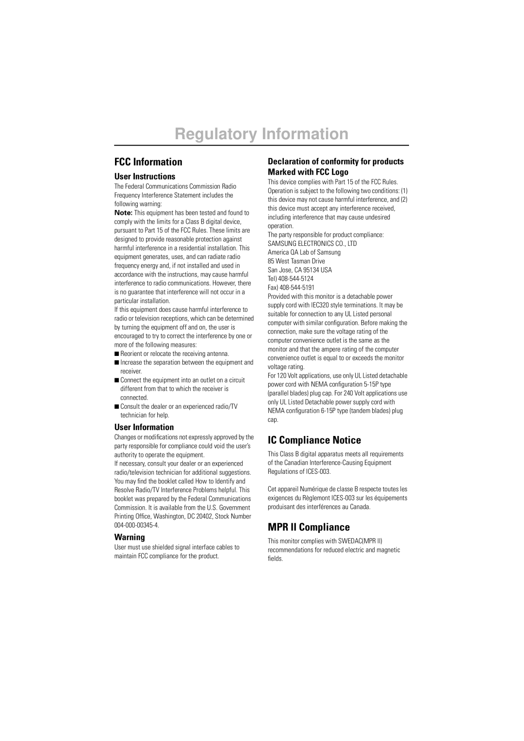 Samsung 550B manual Regulatory Information, User Instructions, User Information 