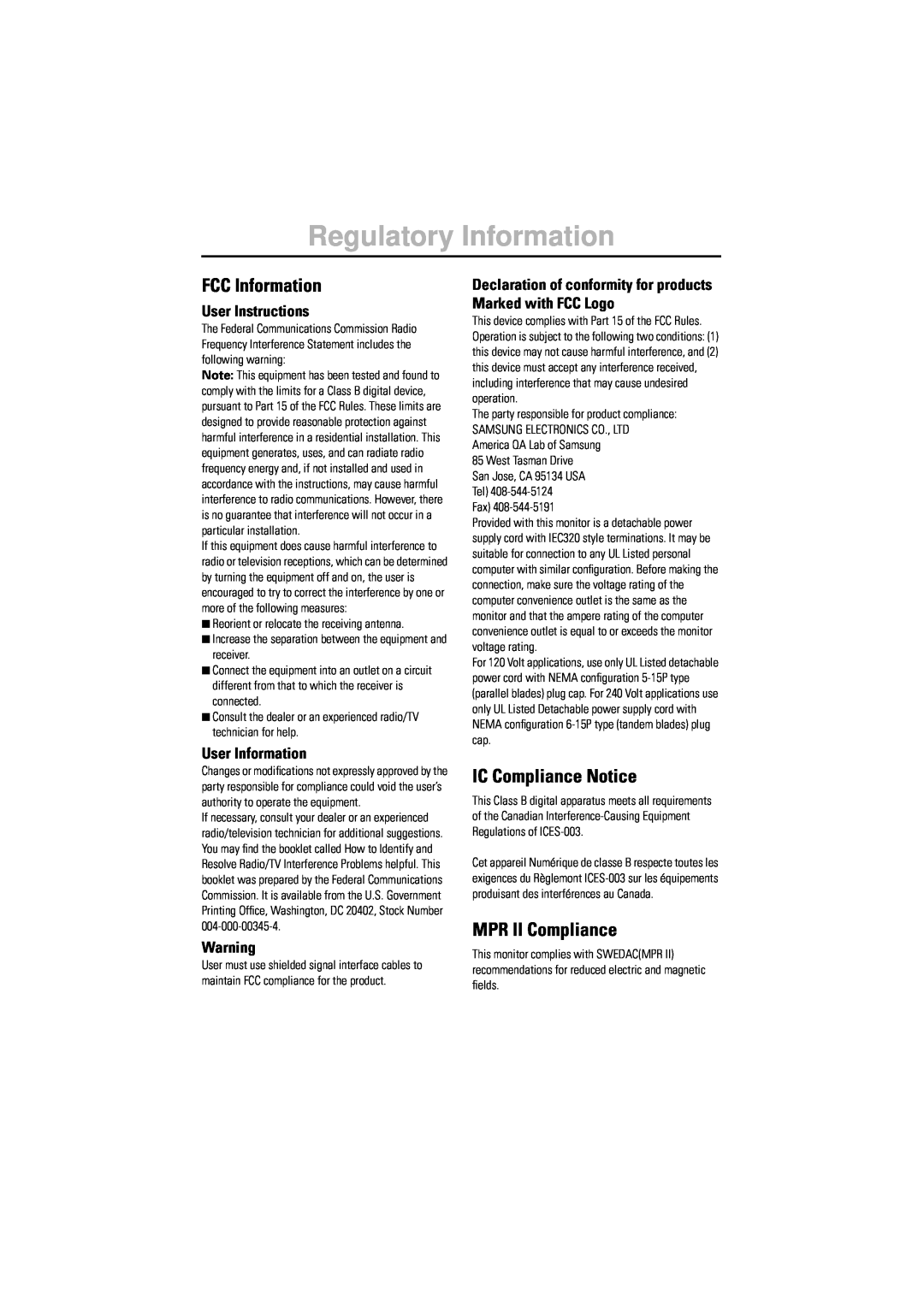 Samsung 550B manual Regulatory Information, User Instructions, User Information, FCC Information, IC Compliance Notice 