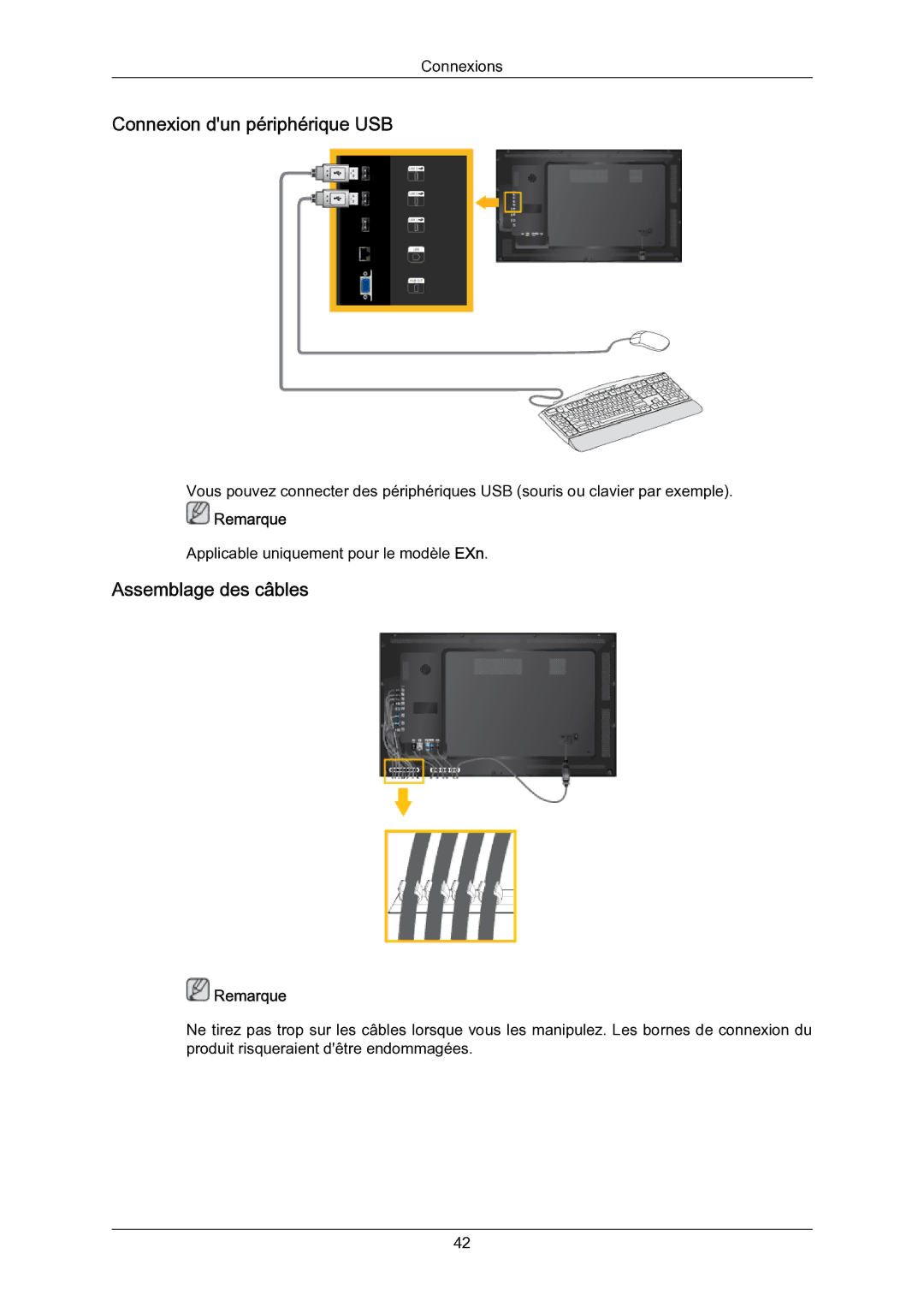 Samsung 460EXn, 01090A, 550EXn, 400EXN quick start Connexion dun périphérique USB, Assemblage des câbles 