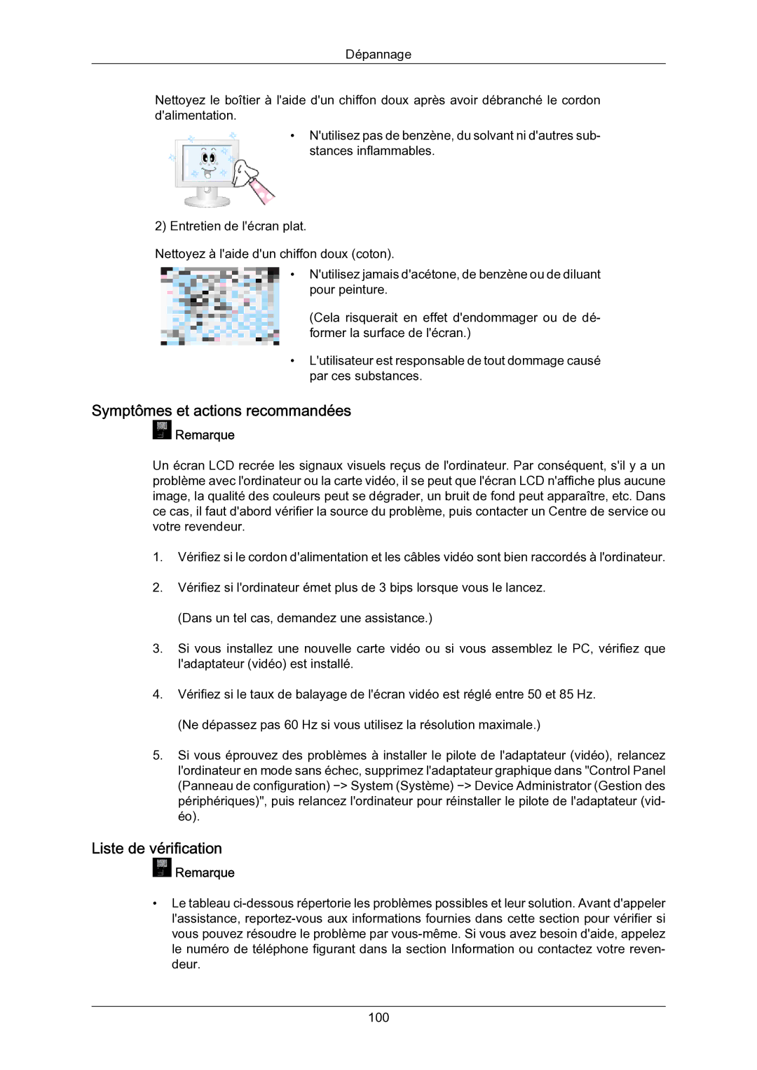 Samsung 01090A, 550EXn, 460EXn, 400EXN quick start Symptômes et actions recommandées, Liste de vérification 