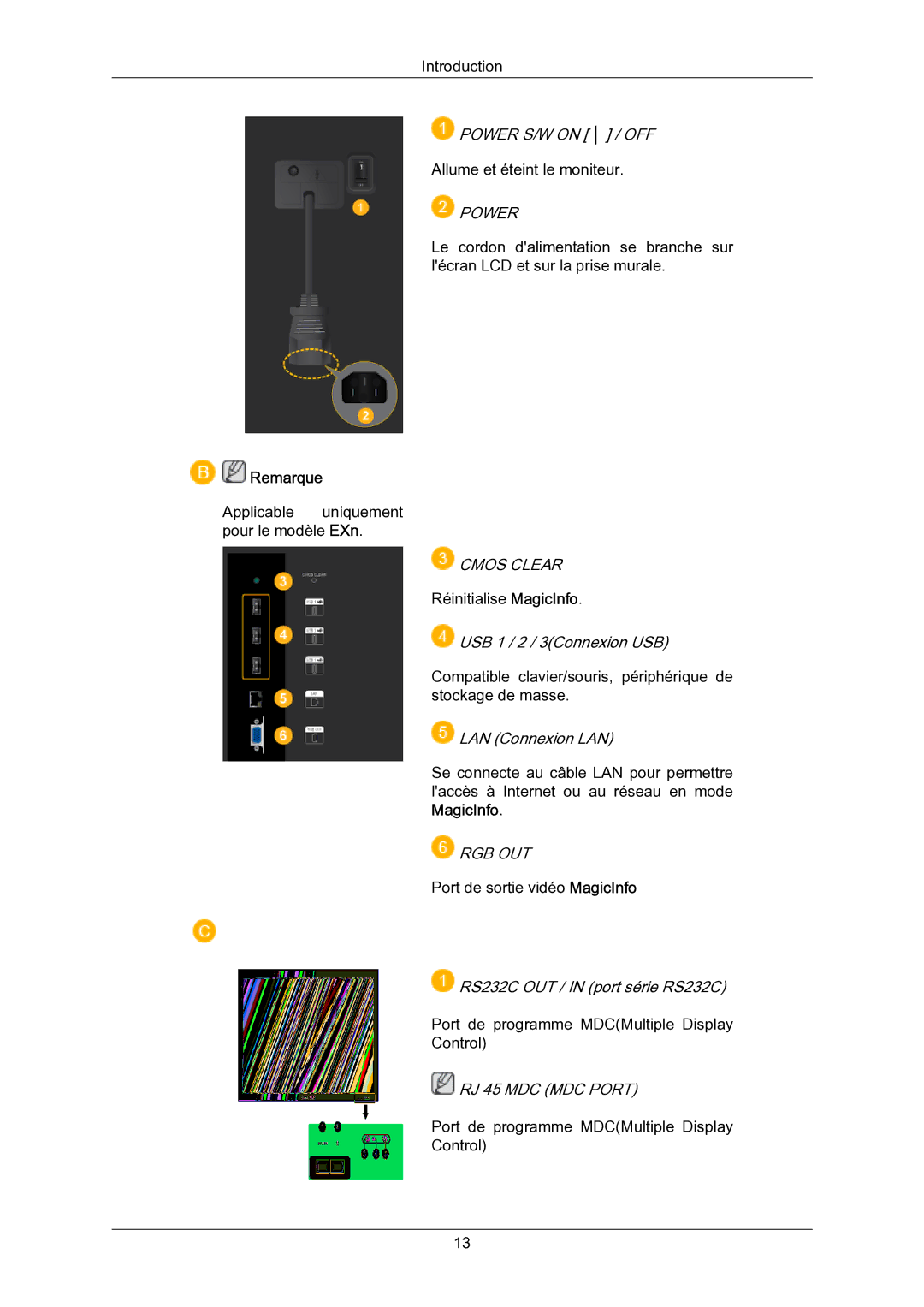 Samsung 400EXN, 01090A, 550EXn, 460EXn quick start Power, Cmos Clear, Rgb Out, RJ 45 MDC MDC Port 