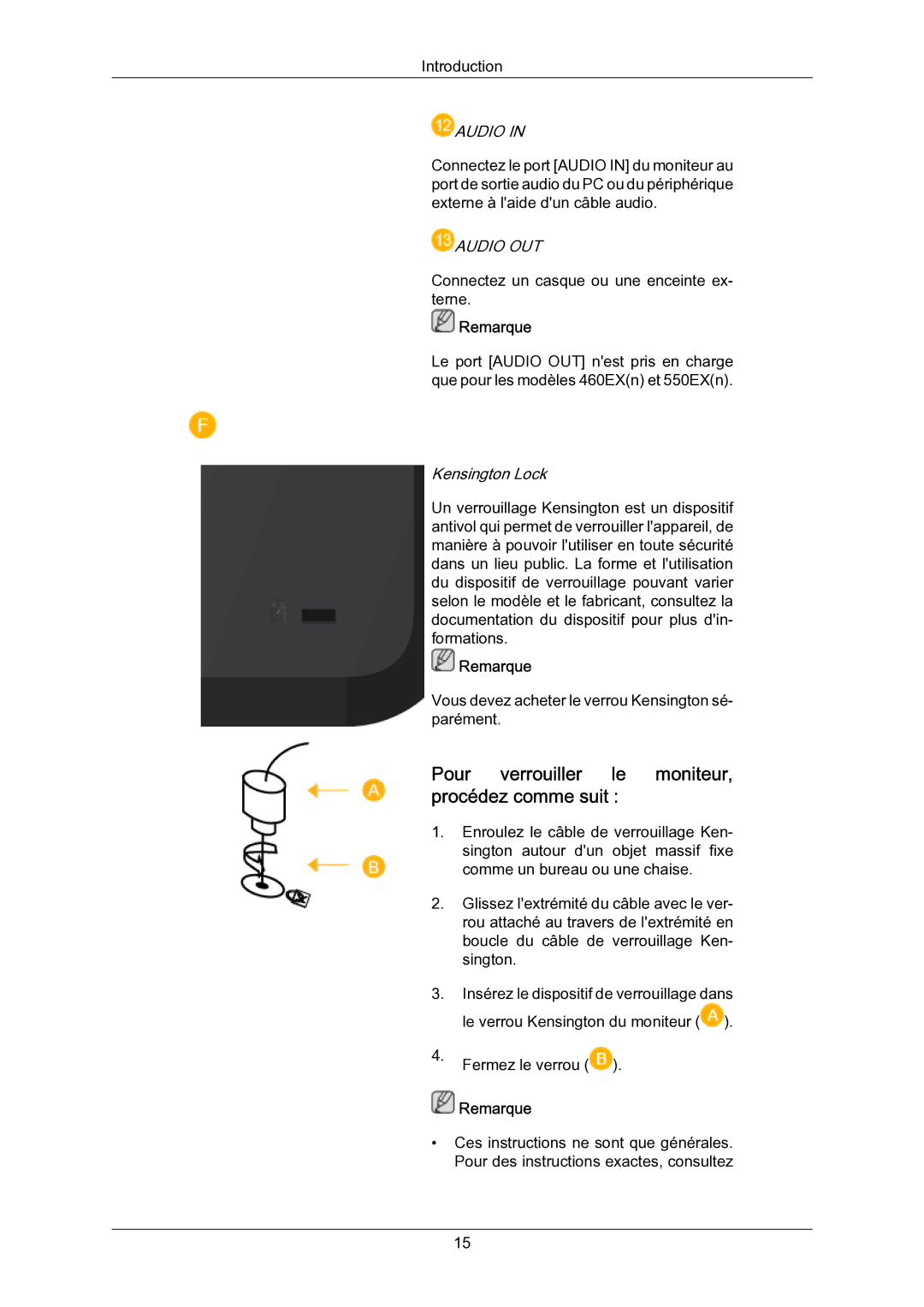 Samsung 01090A, 550EXn, 460EXn, 400EXN quick start Pour verrouiller le moniteur, procédez comme suit, Audio OUT 