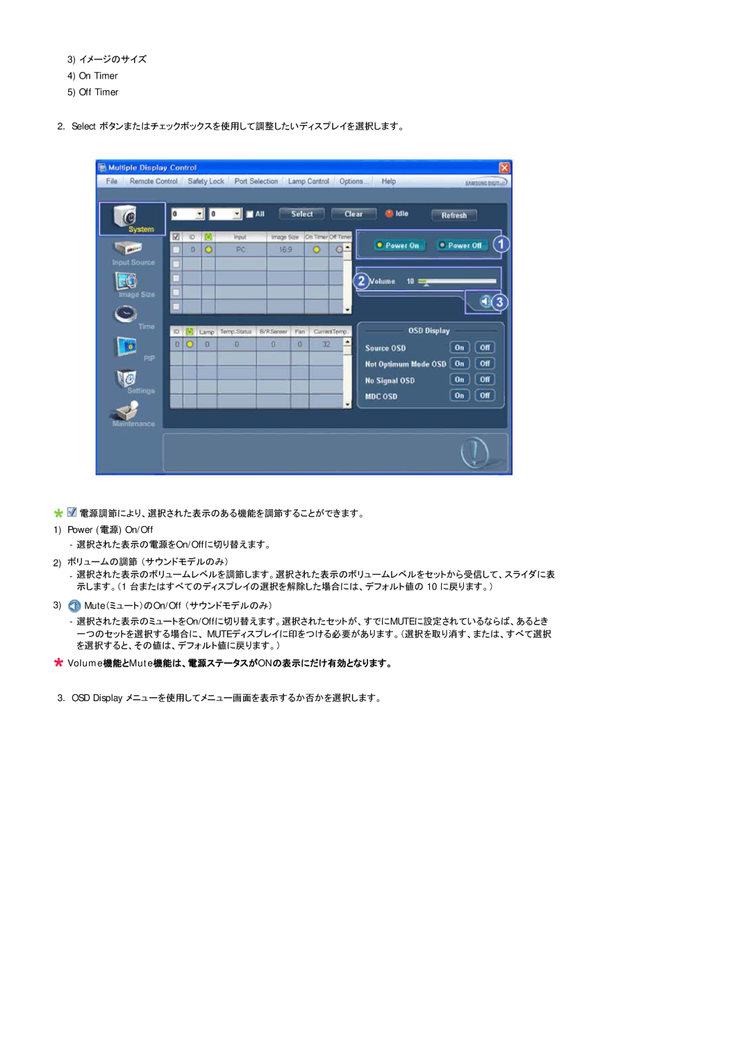 Samsung 550EX, 460EX, 400EX manual Volume機能とMute機能は、電源ステータスがONの表示にだけ有効となります。 