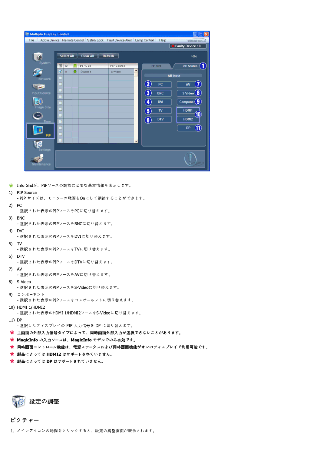 Samsung 400EX, 550EX, 460EX manual 設設の調調 ピクチシー, 選択しさデデアプアイの Pip 入入通号を Dp さ切な替えさす。 