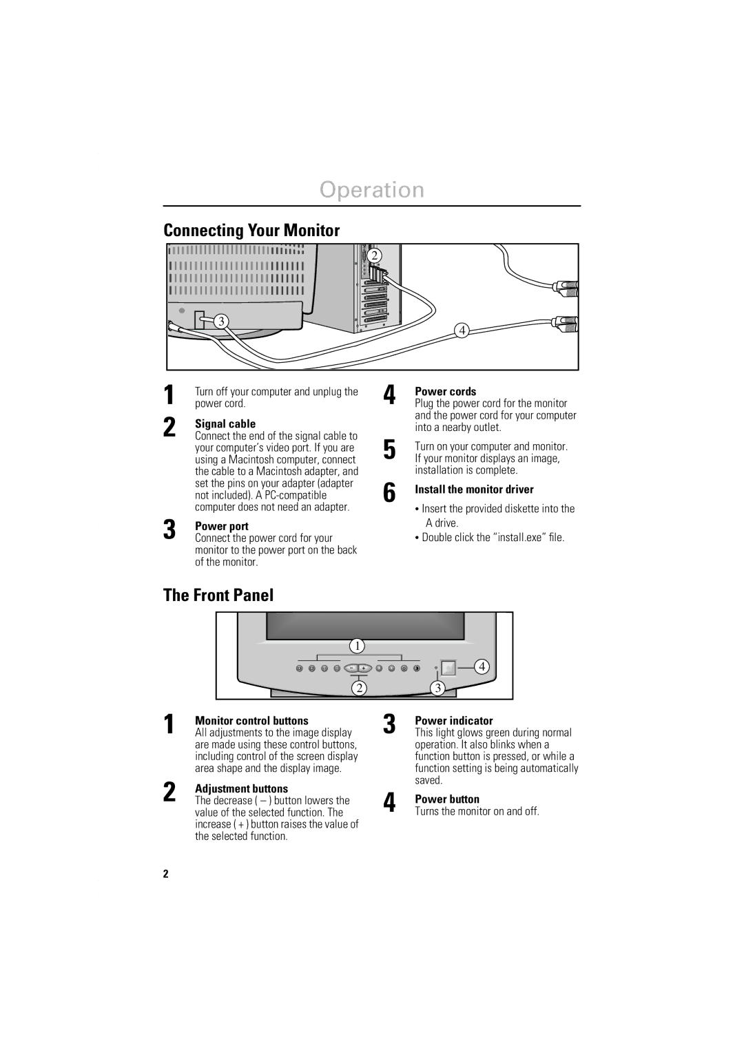 Samsung 450Nb, 450b, 550s, 550S manual Operation, Connecting Your Monitor, Front Panel 