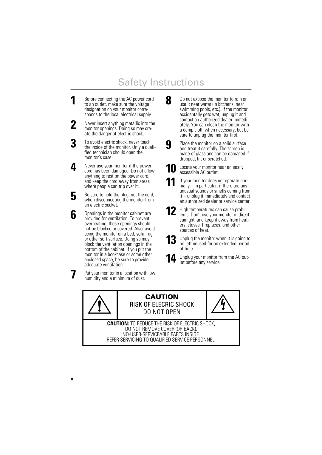 Samsung 550v manual Safety Instructions, Ate the danger of electric shock, Fied technician should open 