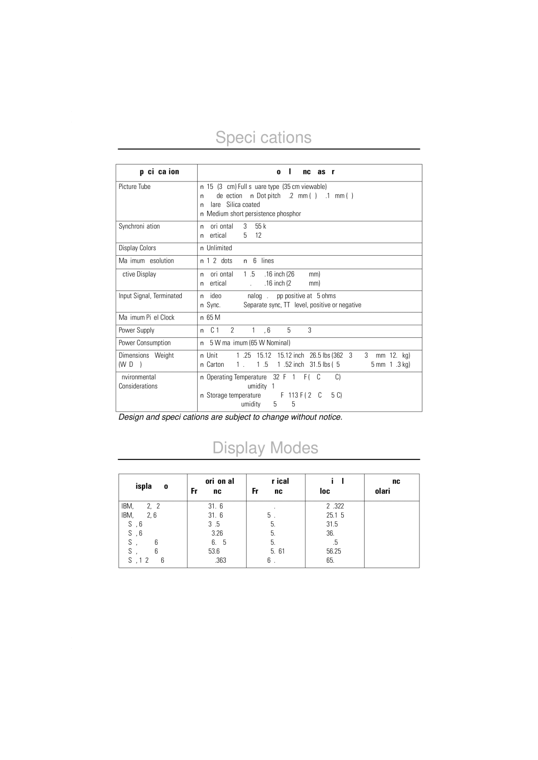 Samsung 550v Speciﬁcations, Display Modes, Speciﬁcation Model SyncMaster, Display Mode Horizontal Vertical Pixel Sync 