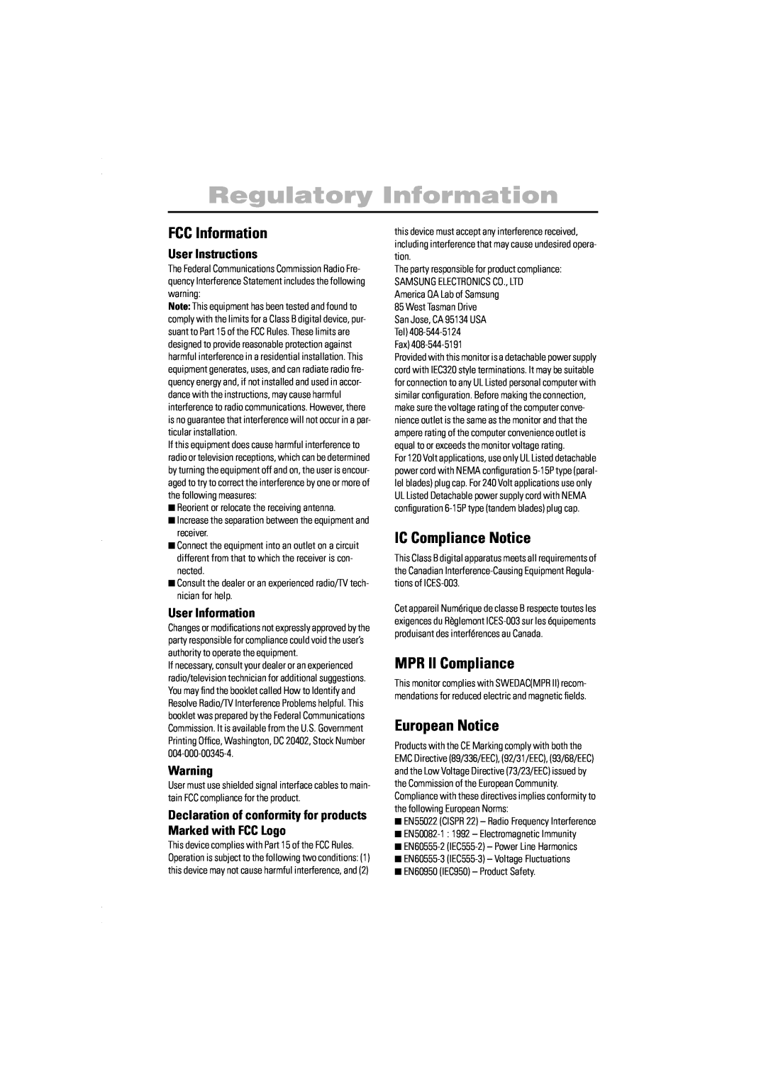 Samsung 550v manual Regulatory Information, Portuguese Italiano Español Deutsch Français English, FCC Information 