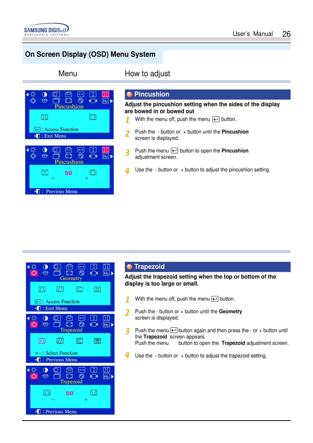 Samsung 551V, 551s manual Pincushion, Trapezoid 