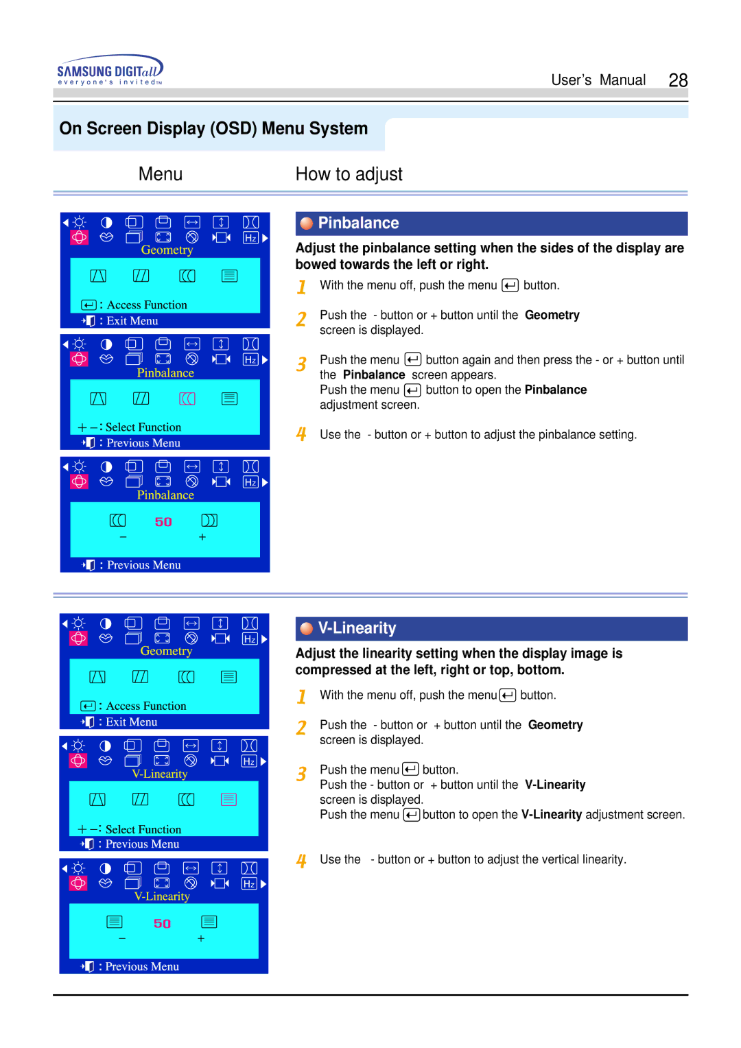 Samsung 551V, 551s manual Pinbalance, Linearity 