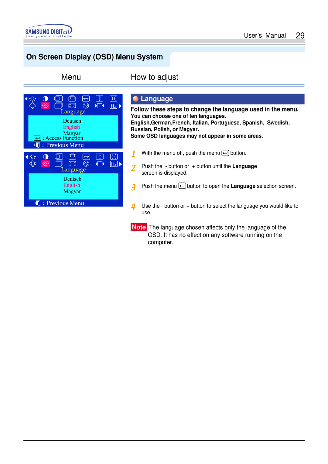 Samsung 551s, 551V manual Language, Follow these steps to change the language used in the menu 