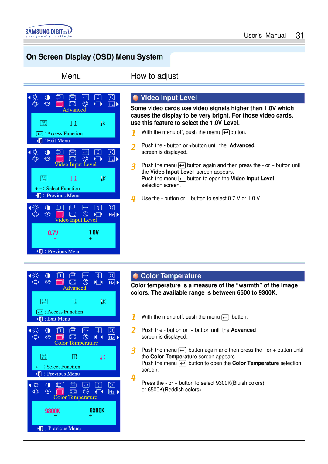 Samsung 551s, 551V manual Video Input Level, Color Temperature 