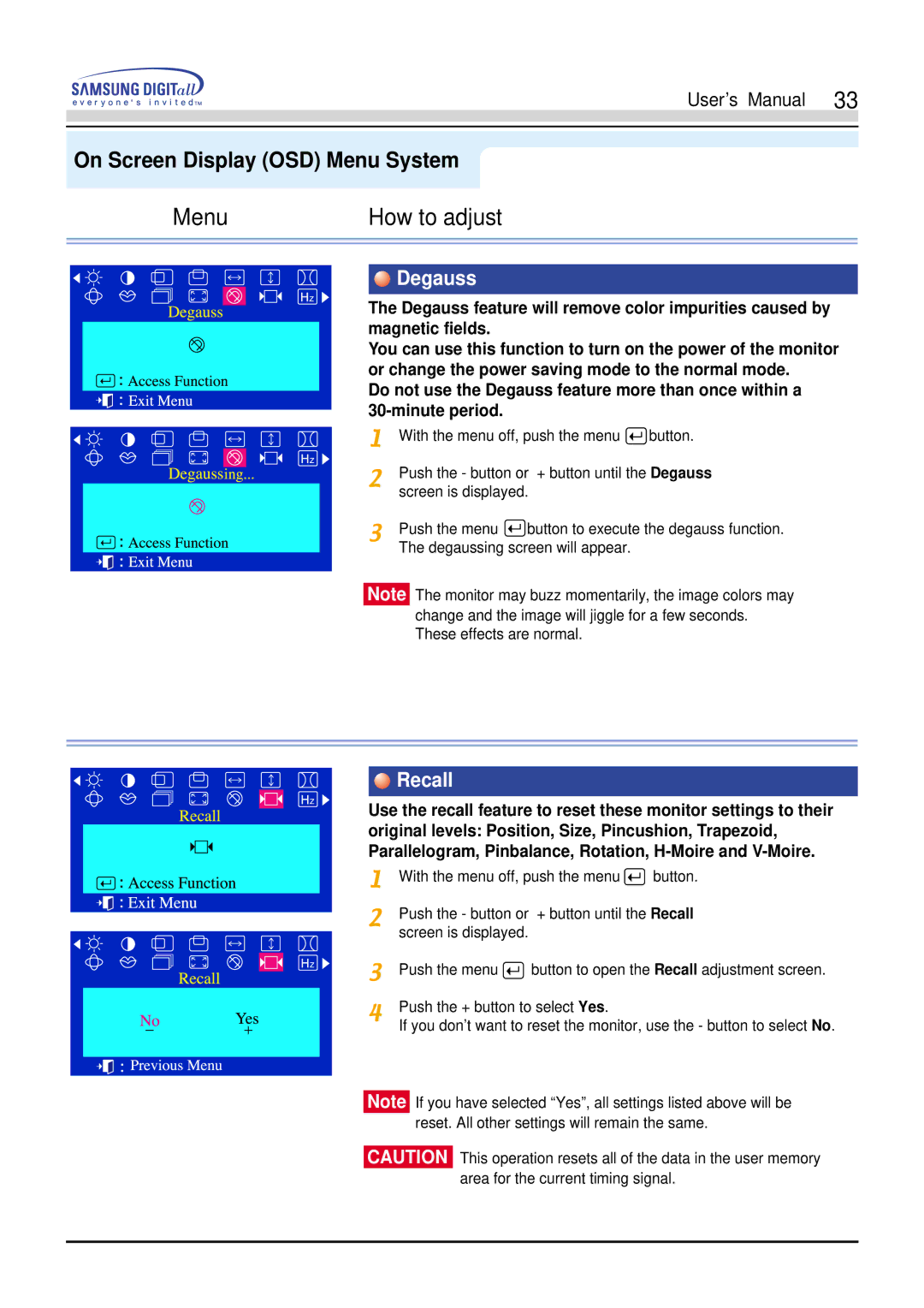 Samsung 551s, 551V manual Degauss, Recall 