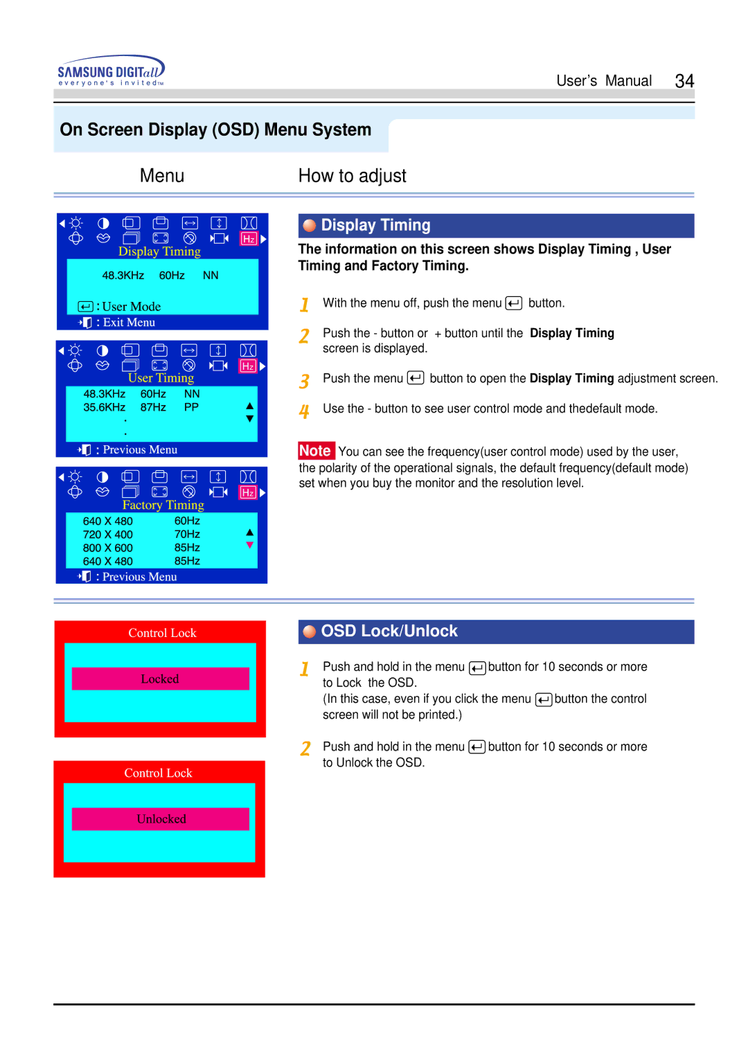 Samsung 551V, 551s manual Display Timing, OSD Lock/Unlock 