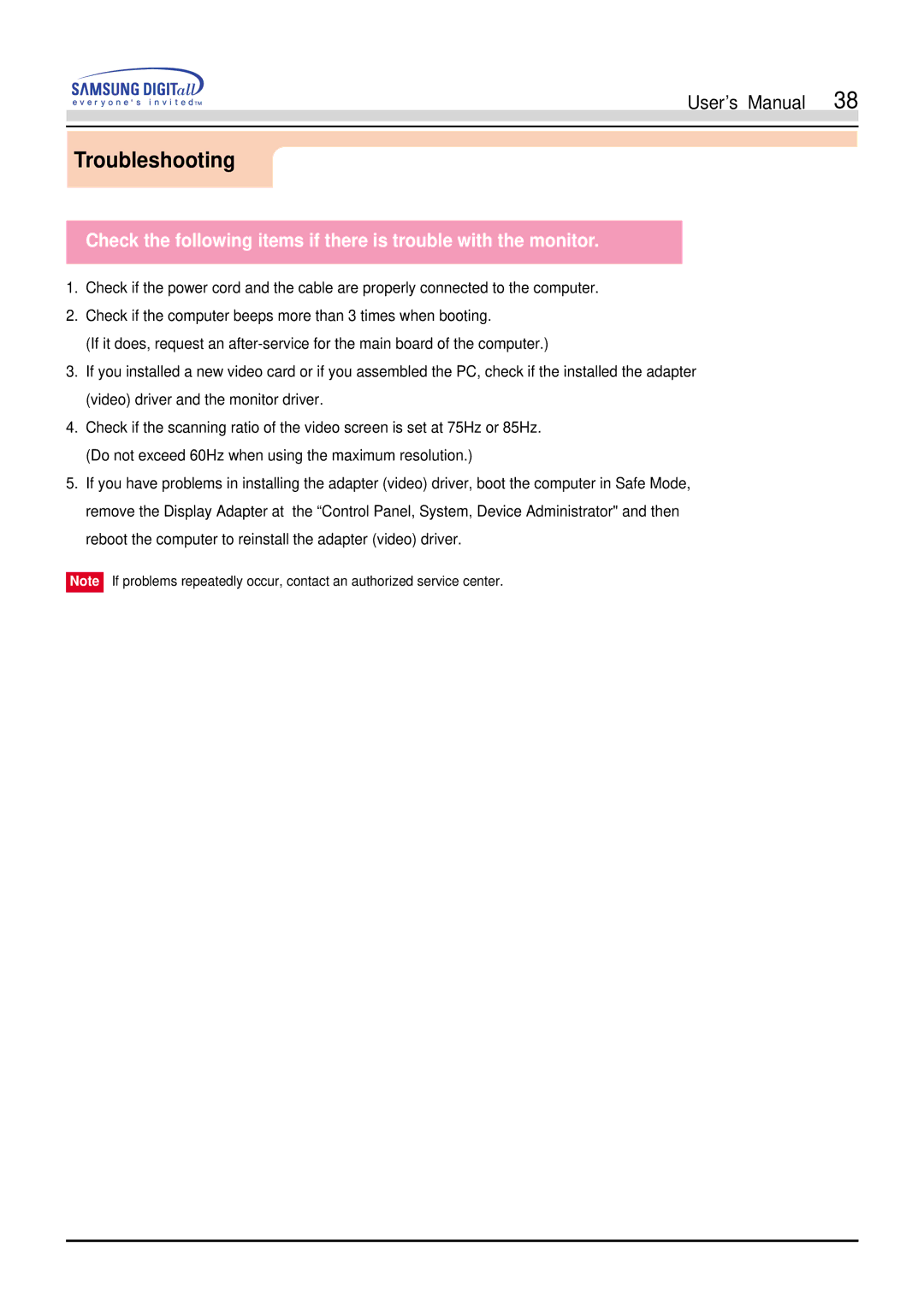 Samsung 551V, 551s manual Troubleshooting 