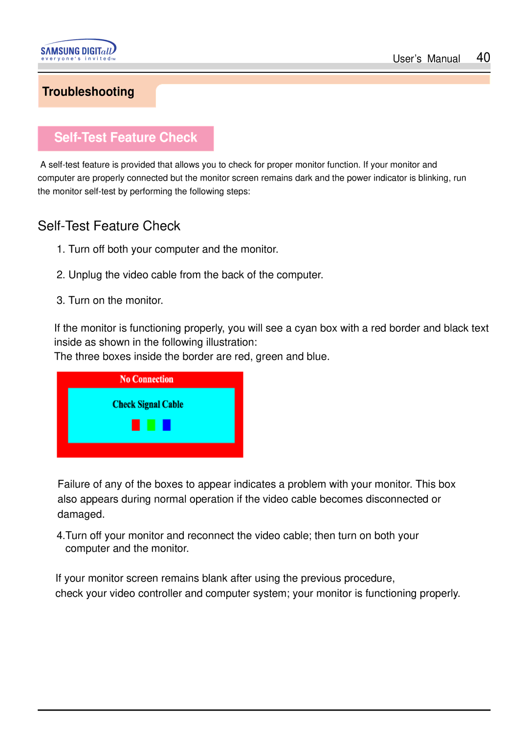 Samsung 551V, 551s manual Self-Test Feature Check 