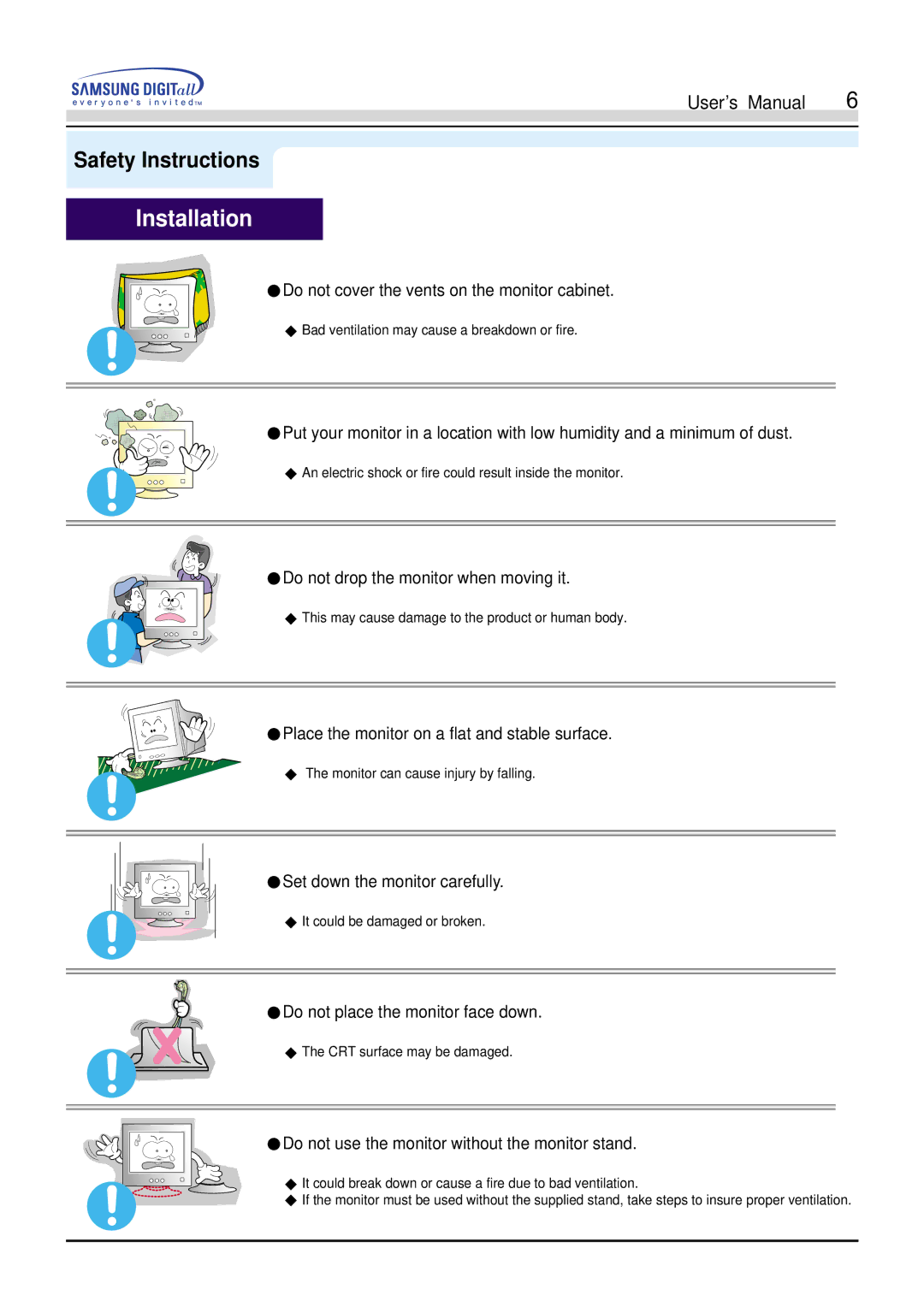 Samsung 551V, 551s manual Installation, Do not use the monitor without the monitor stand 