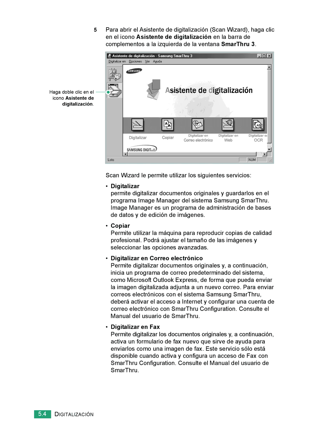 Samsung 560 manual Copiar, Digitalizar en Correo electrónico, Digitalizar en Fax 