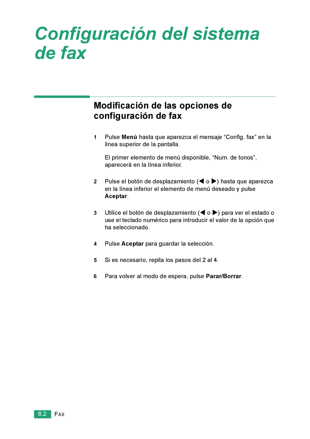 Samsung 560 manual Modificación de las opciones de configuración de fax, Aceptar 