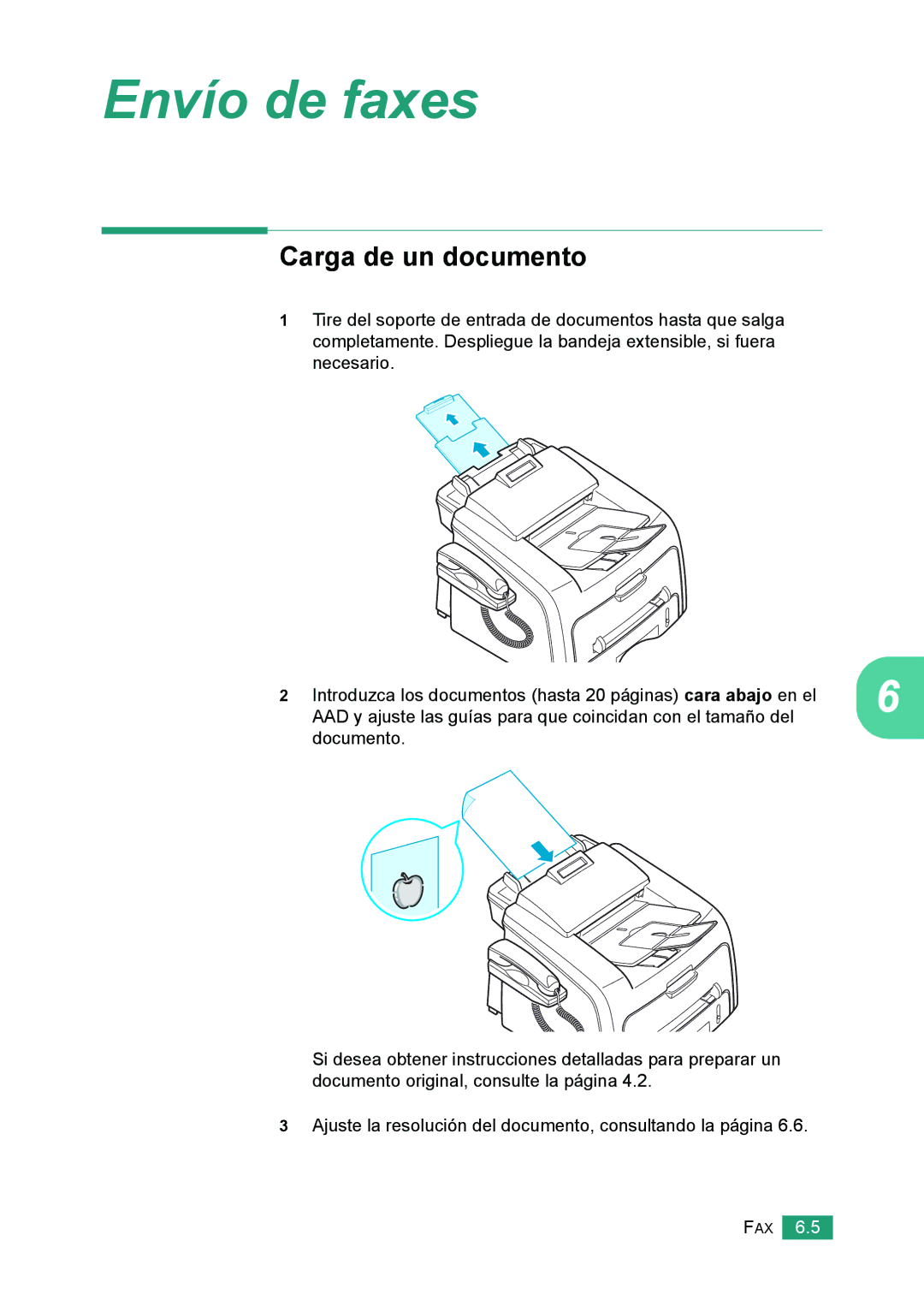 Samsung 560 manual Envío de faxes, Carga de un documento 