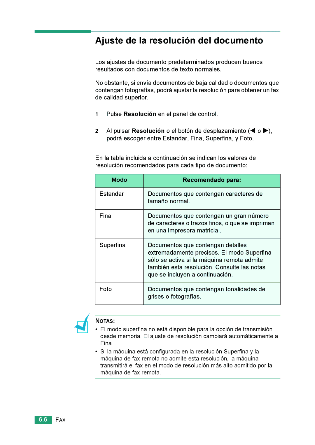 Samsung 560 manual Ajuste de la resolución del documento, Modo Recomendado para 