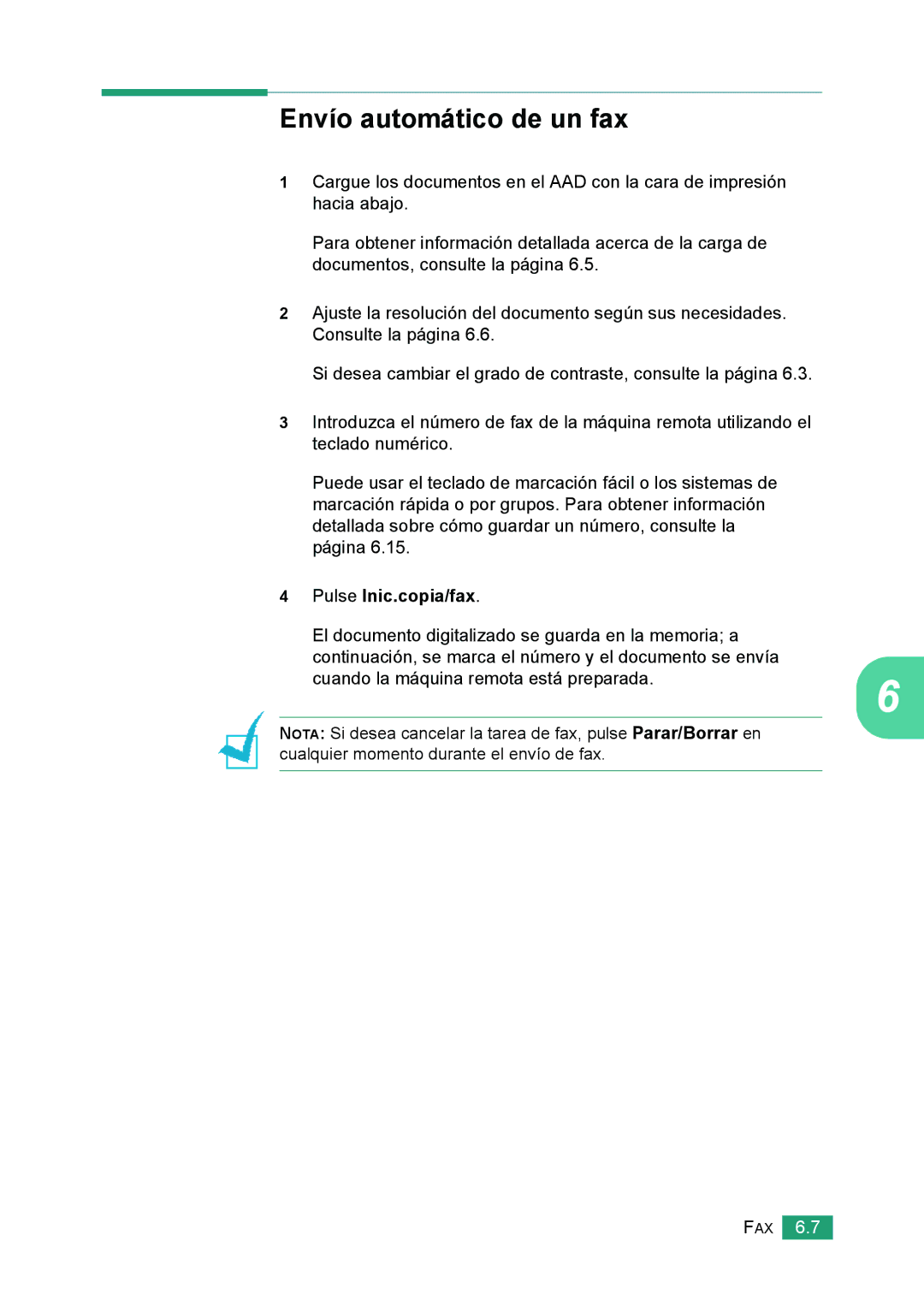 Samsung 560 manual Envío automático de un fax, Pulse Inic.copia/fax 