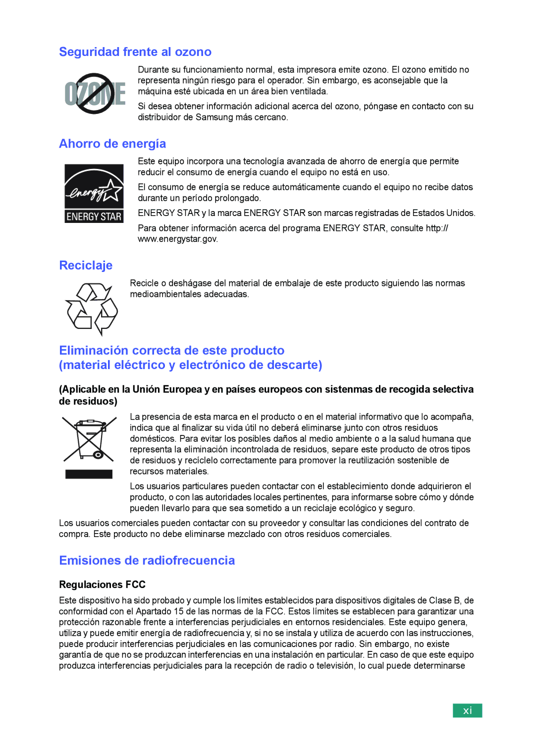 Samsung 560 manual Seguridad frente al ozono, Regulaciones FCC 