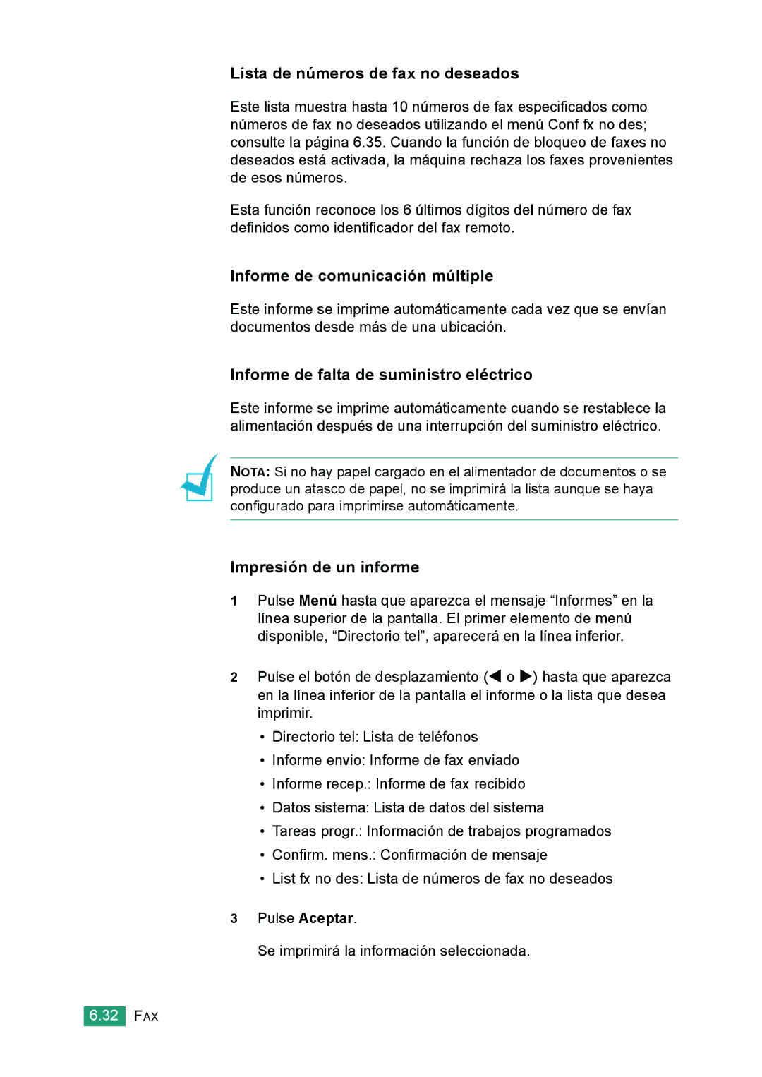 Samsung 560 manual Lista de números de fax no deseados, Informe de comunicación múltiple, Impresión de un informe 