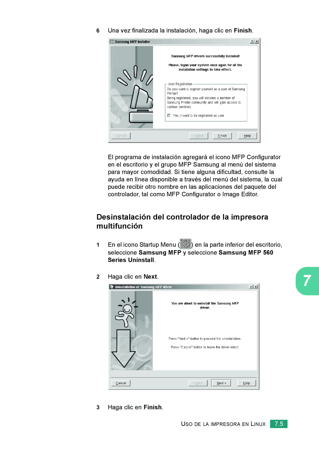 Samsung 560 manual Desinstalación del controlador de la impresora multifunción 