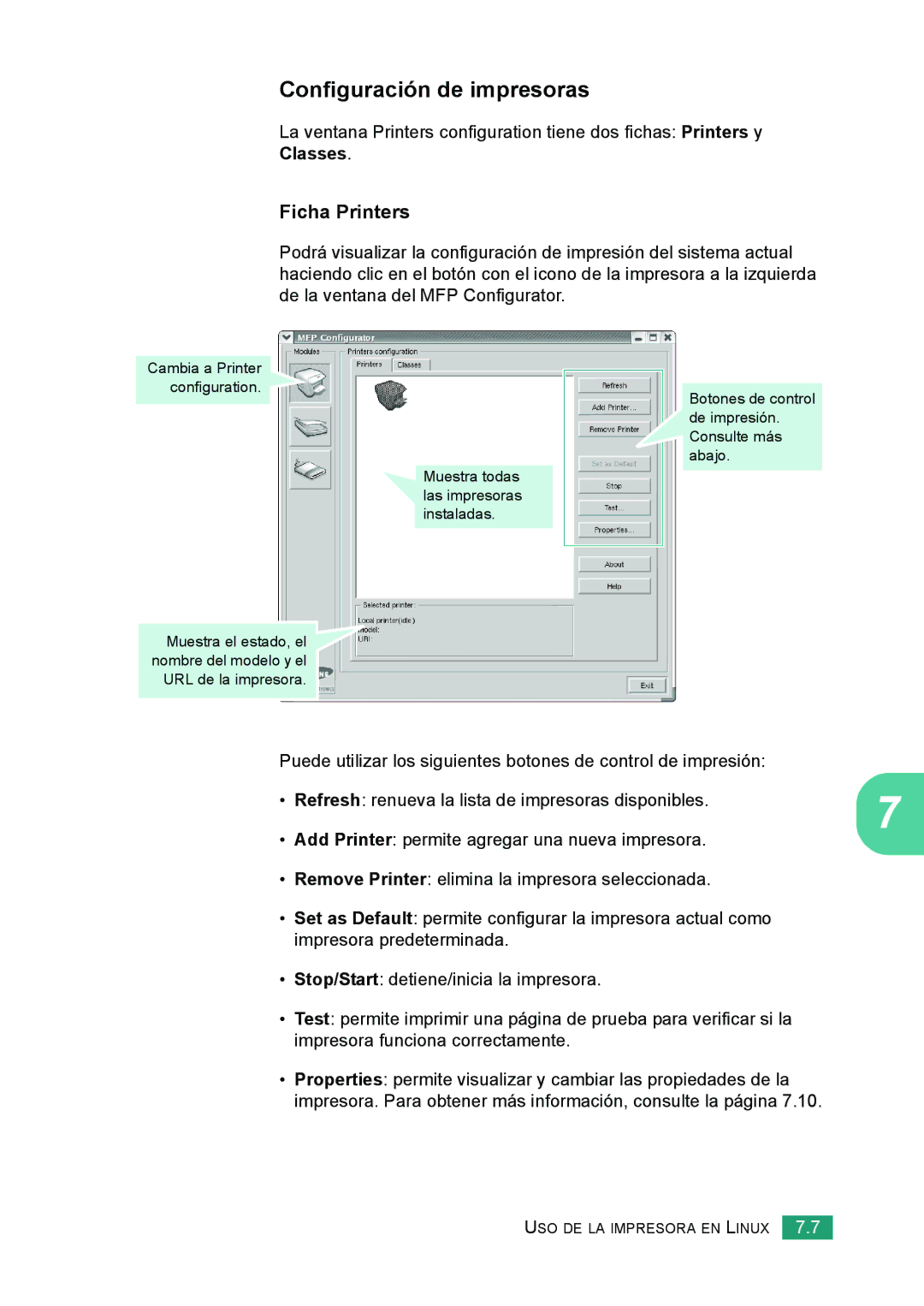 Samsung 560 manual Configuración de impresoras, Ficha Printers 