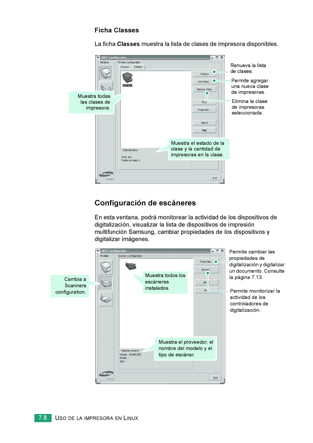 Samsung 560 manual Configuración de escáneres, Ficha Classes 