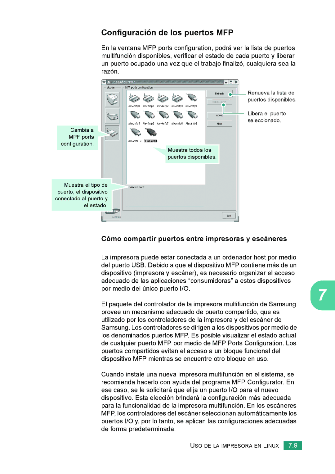 Samsung 560 manual Configuración de los puertos MFP, Cómo compartir puertos entre impresoras y escáneres 