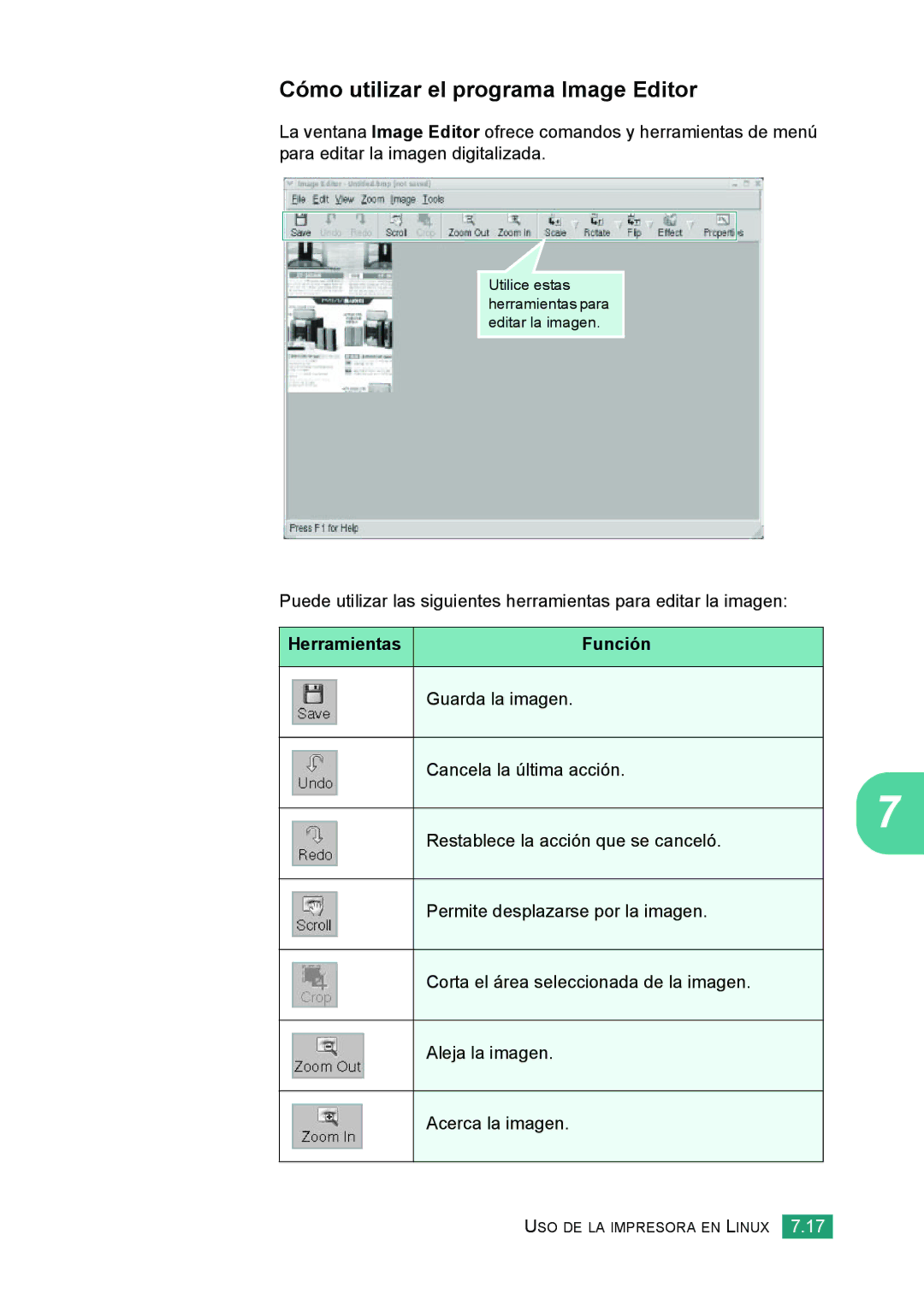 Samsung 560 manual Cómo utilizar el programa Image Editor, Herramientas Función 