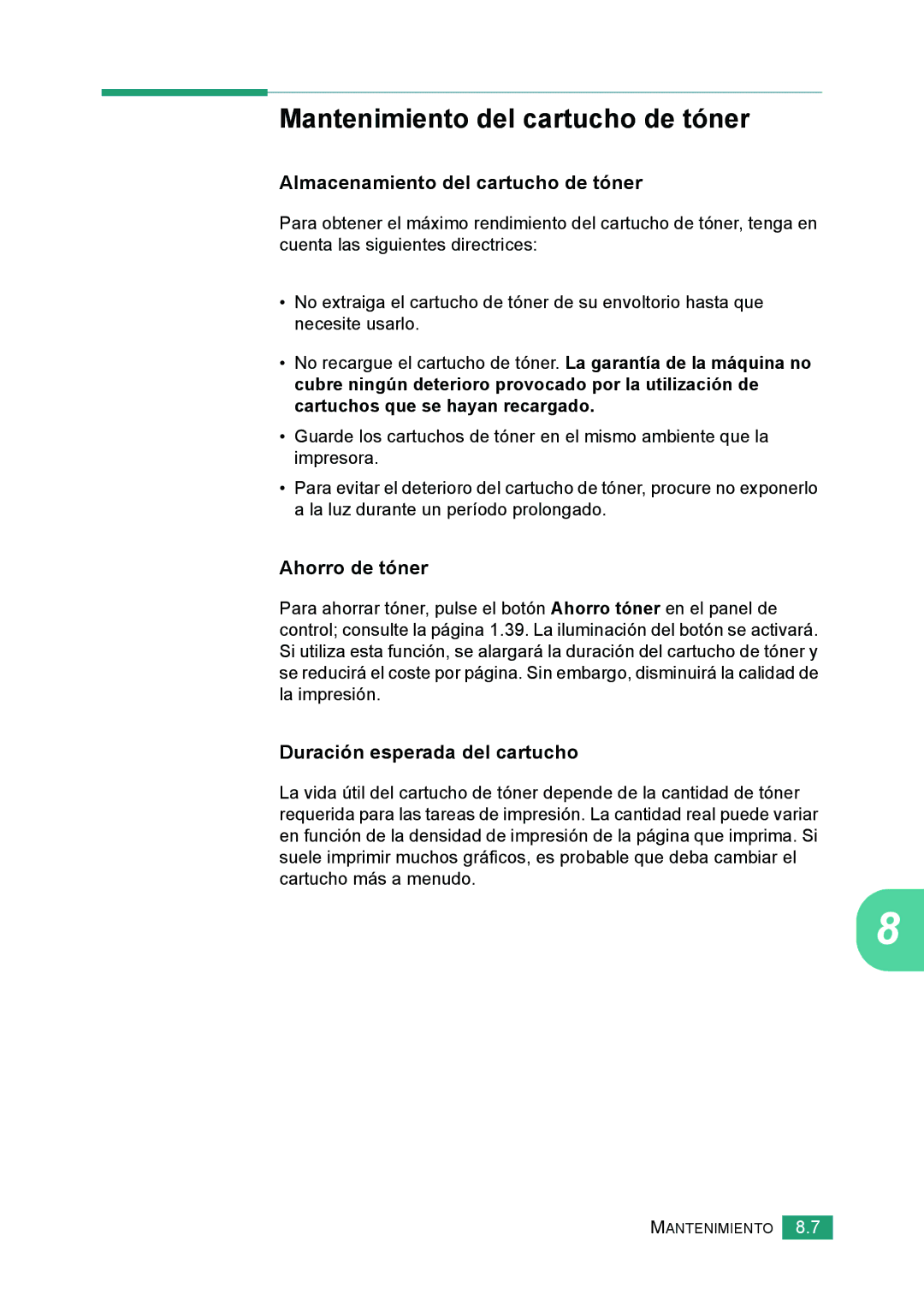 Samsung 560 manual Mantenimiento del cartucho de tóner, Almacenamiento del cartucho de tóner, Ahorro de tóner 