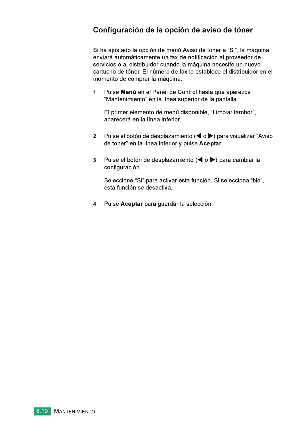 Samsung 560 manual Configuración de la opción de aviso de tóner 