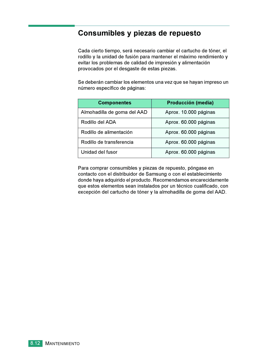 Samsung 560 manual Consumibles y piezas de repuesto, Componentes Producción media 