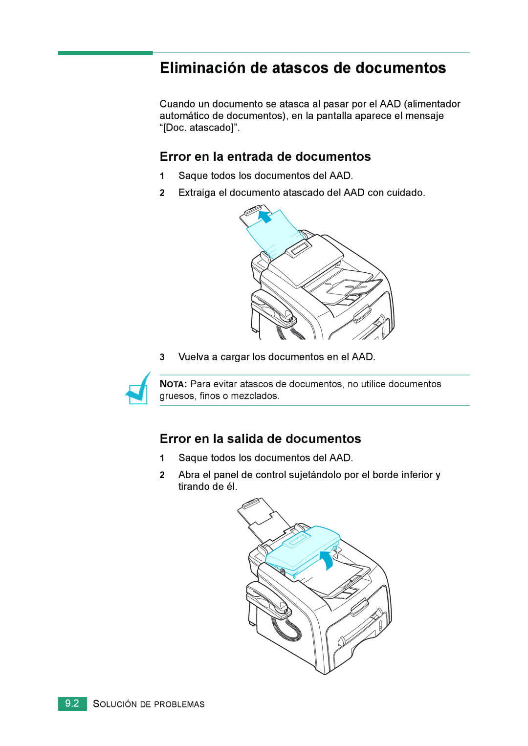 Samsung 560 Eliminación de atascos de documentos, Error en la entrada de documentos, Error en la salida de documentos 