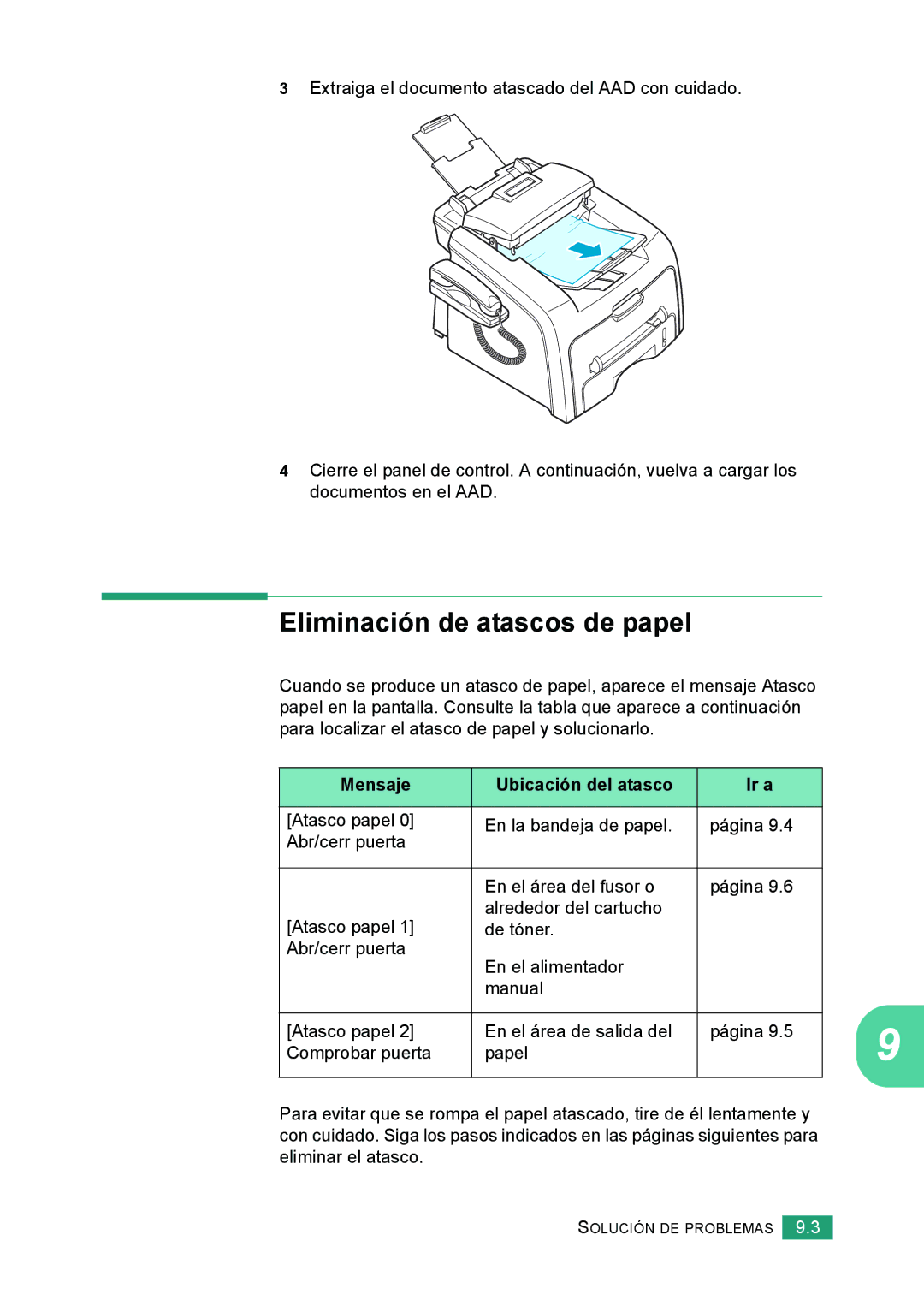 Samsung 560 manual Eliminación de atascos de papel, Mensaje Ubicación del atasco Ir a 