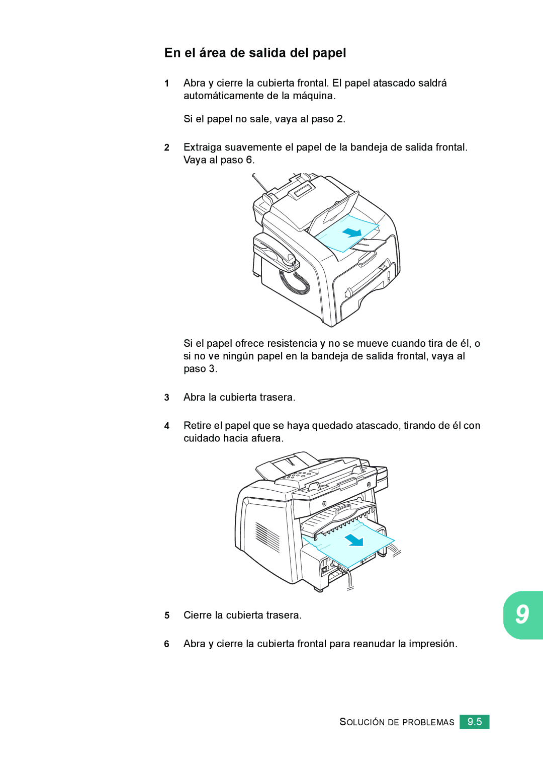 Samsung 560 manual En el área de salida del papel, Cierre la cubierta trasera 