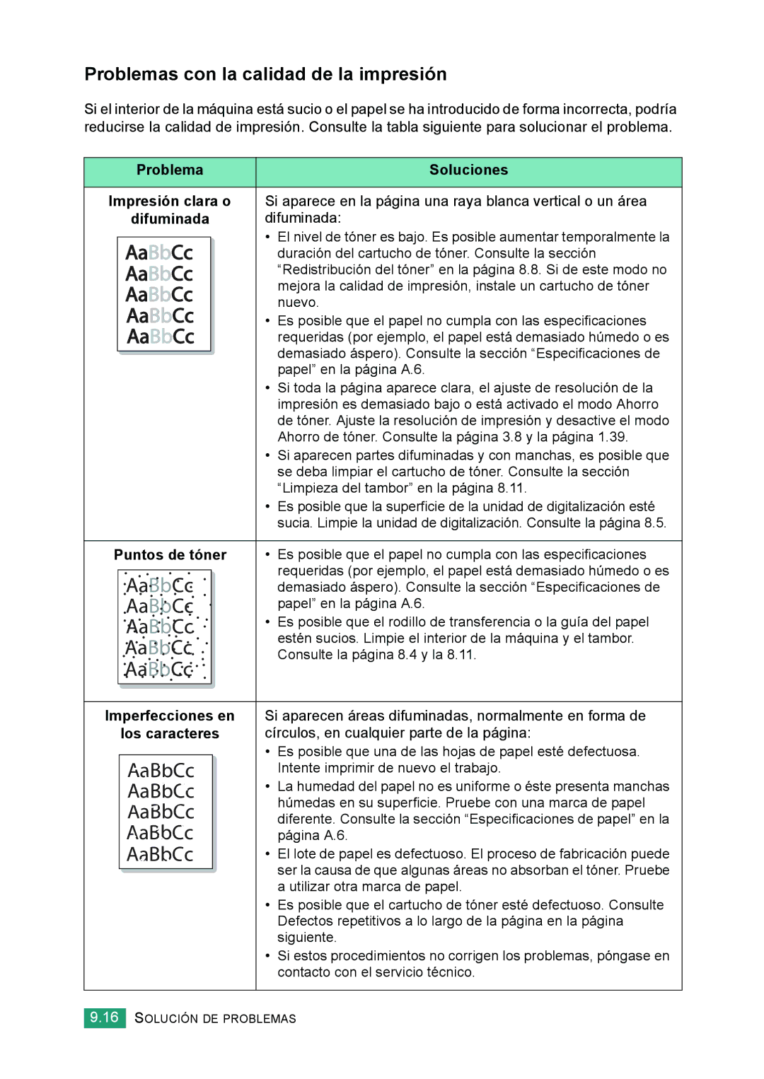 Samsung 560 manual Problemas con la calidad de la impresión, Puntos de tóner, Imperfecciones en, Los caracteres 