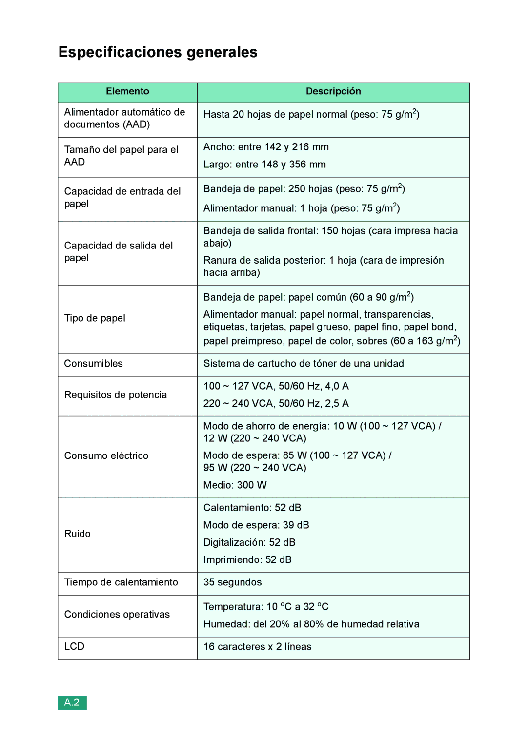 Samsung 560 manual Especificaciones generales, Elemento Descripción 