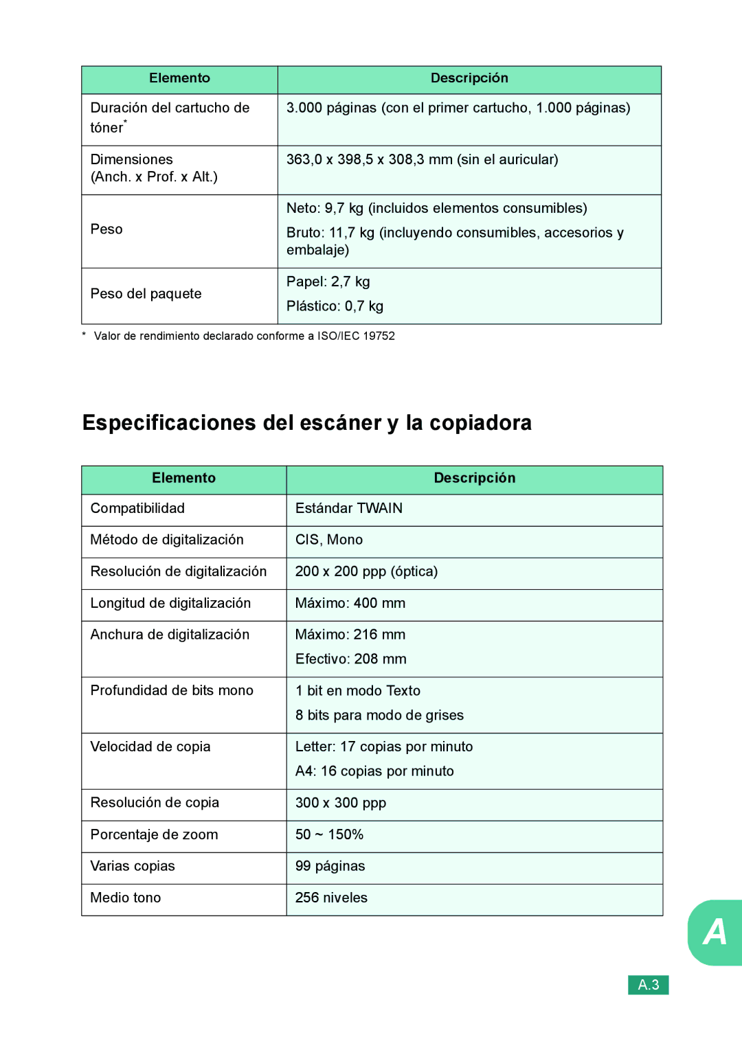 Samsung 560 manual Especificaciones del escáner y la copiadora 