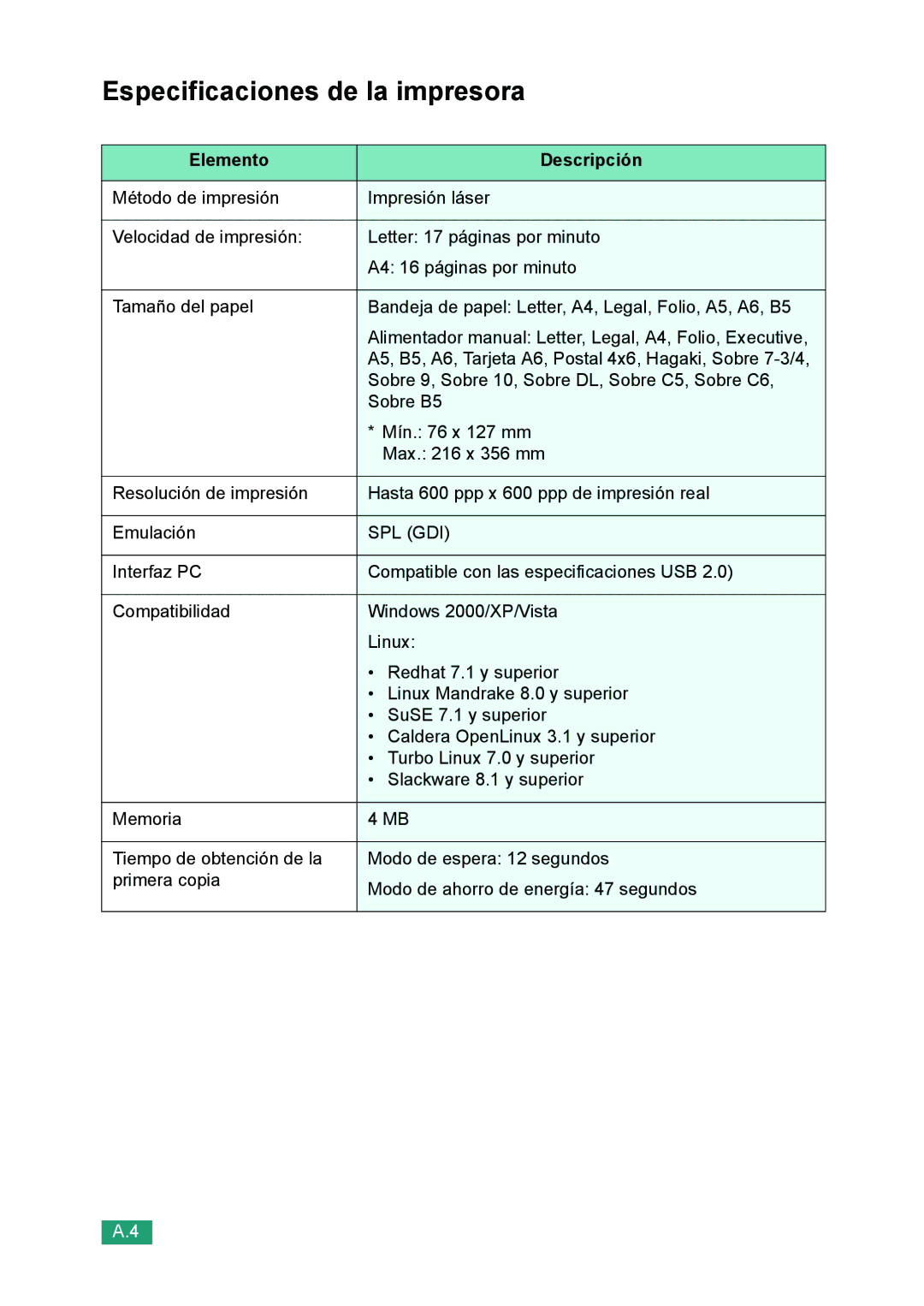 Samsung 560 manual Especificaciones de la impresora, Spl Gdi 