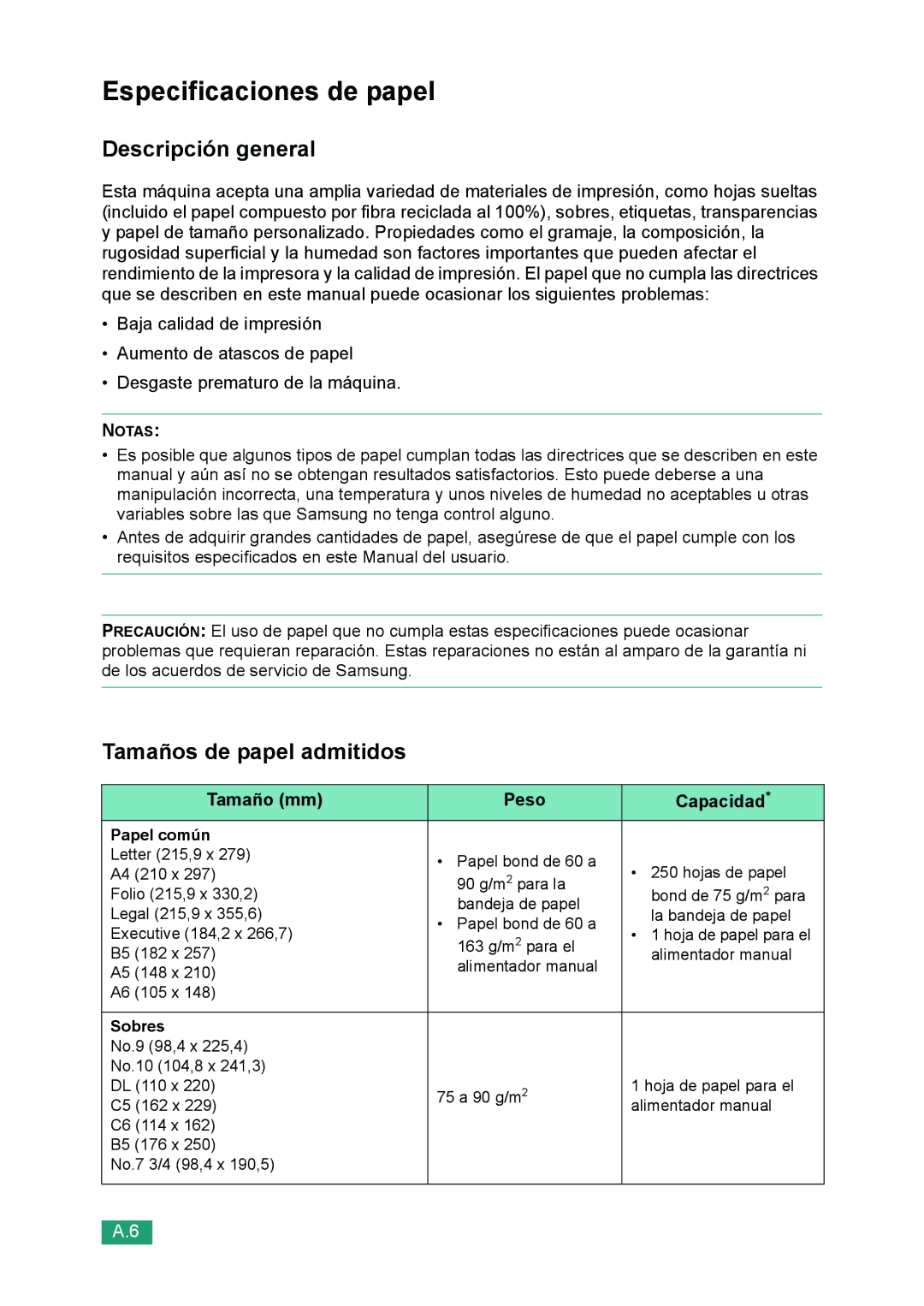 Samsung 560 manual Especificaciones de papel, Descripción general, Tamaños de papel admitidos, Tamaño mm Peso Capacidad 