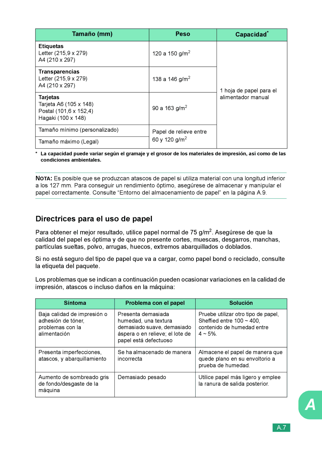 Samsung 560 manual Directrices para el uso de papel, Tarjetas 