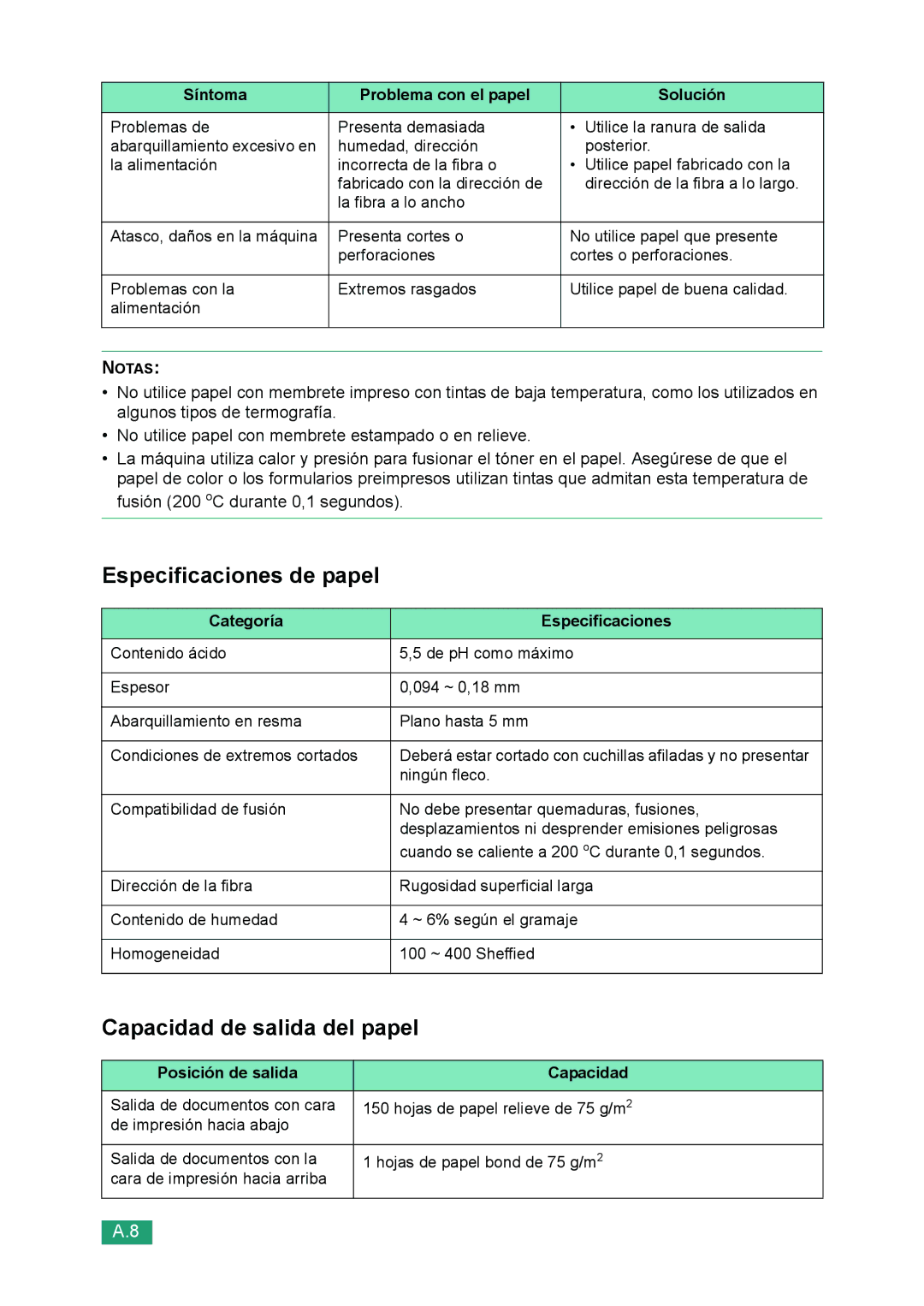 Samsung 560 manual Especificaciones de papel, Capacidad de salida del papel 