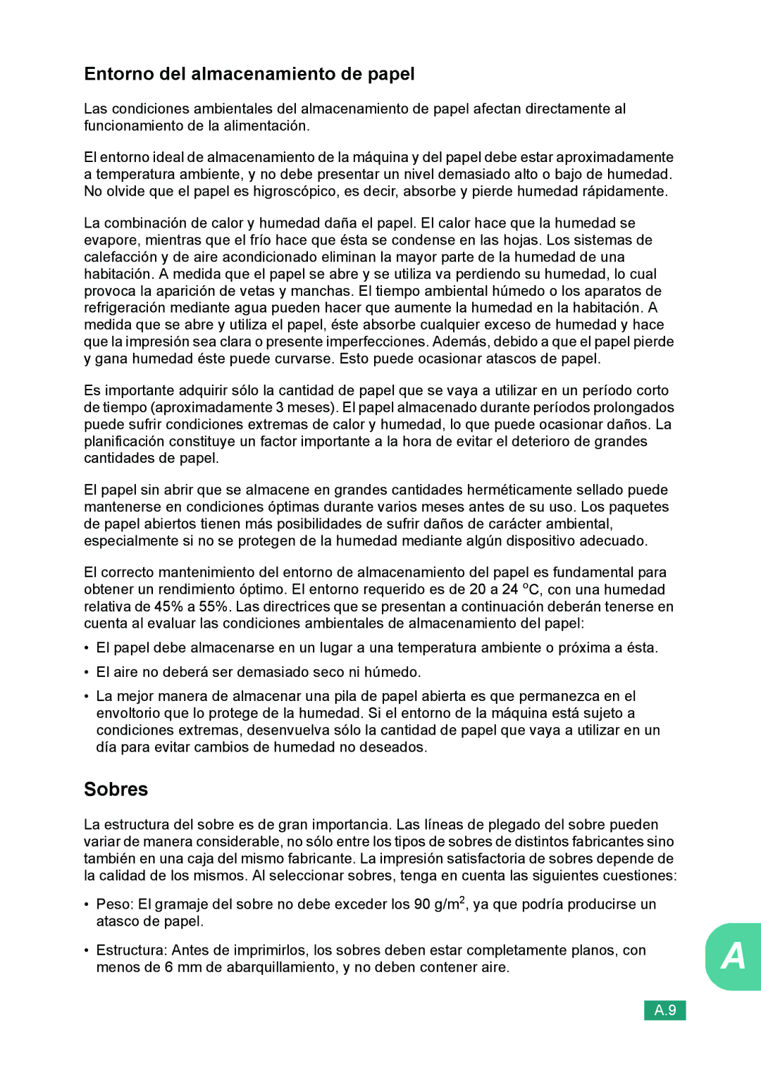 Samsung 560 manual Entorno del almacenamiento de papel, Sobres 