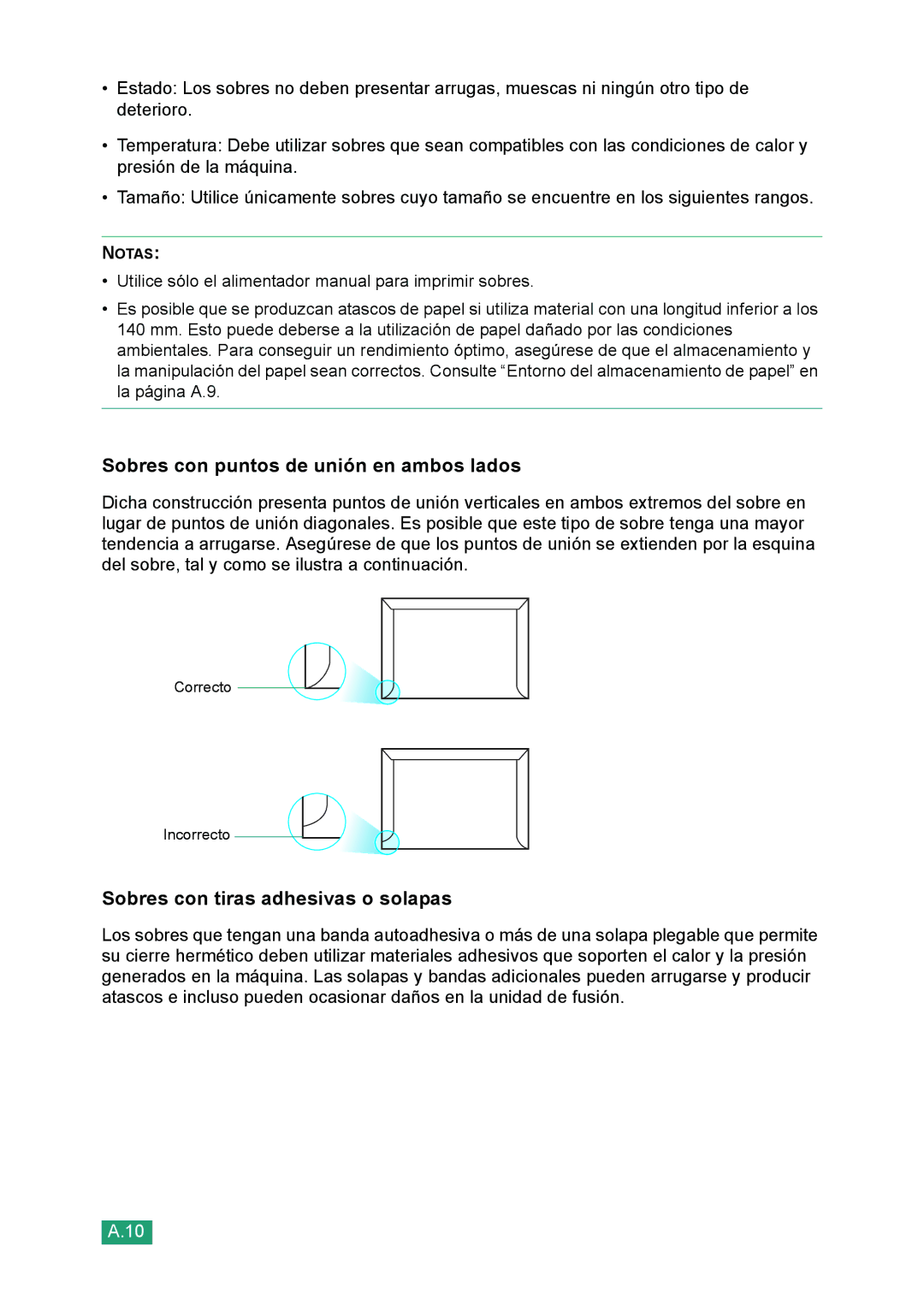 Samsung 560 manual Sobres con puntos de unión en ambos lados, Sobres con tiras adhesivas o solapas 